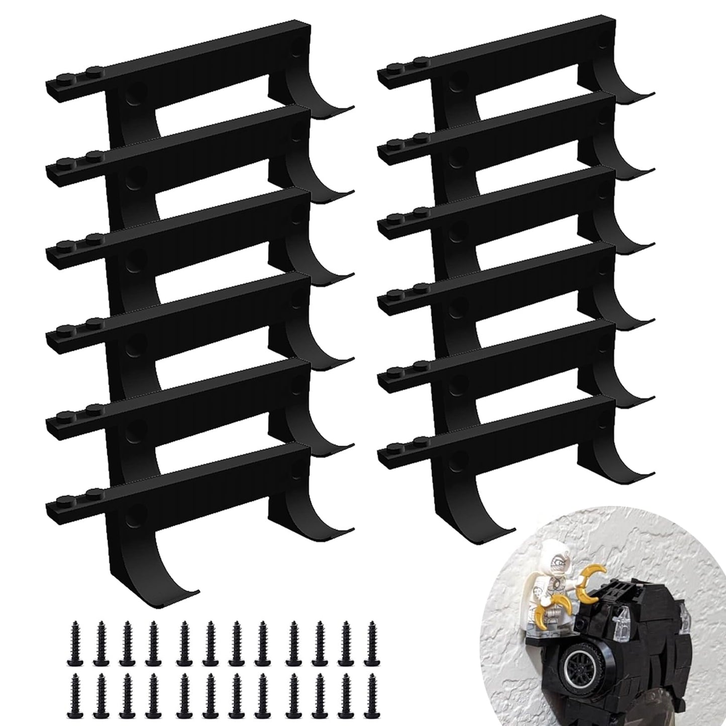 TEYOUYI 12pcs Wall Mount Brackets – Compatible with Lego Speed Champions Sets, Brick Car & Figure Display Holder with Base (Black)