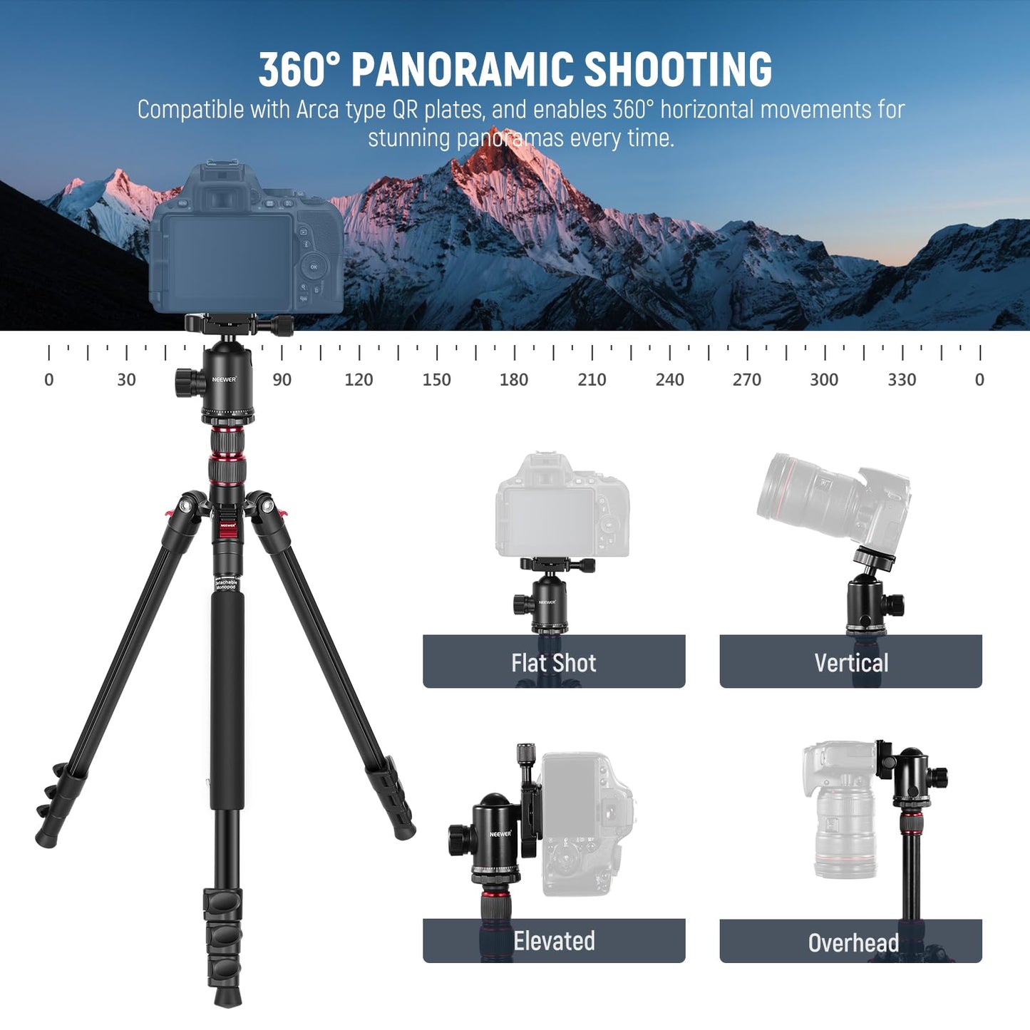 NEEWER 77” Camera Tripod Monopod with Phone Holder, Portable Travel Tripod with Remote, 360° Ball Head, 2 Axis Center Column, Arca QR Plate and Bag