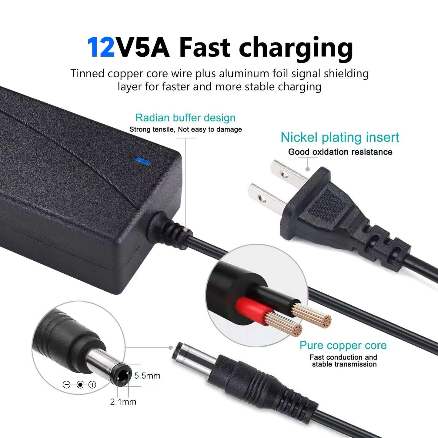 Power Adapter 12V 5A 4A 3A 2.5A 2A 1A AC DC Power Supply Cord Cable 5.5x2.1mm for Sceptre EC Series Monitor,ONN,AOC,Dell,Webcam, Router, Projector…