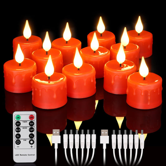 Yunsheng 12PCS Red Rechargeable LED Tea Lights Candles with Remote, 3D Wick Flickering Flameless Votive Tea Lights, Warm White Electric Fake Candles