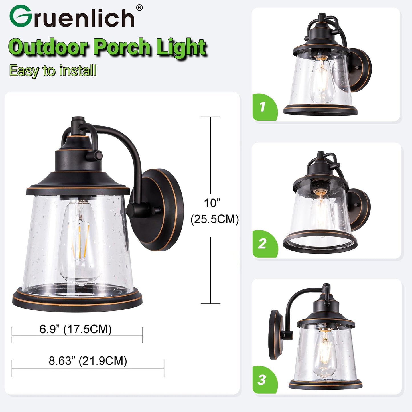 GRUENLICH Outdoor Wall Lantern, Wall Sconce as Porch Lighting Fixture, E26 Medium Base, Metal Housing Plus Seeded Glass, Oil Rubbed Bronze Finish