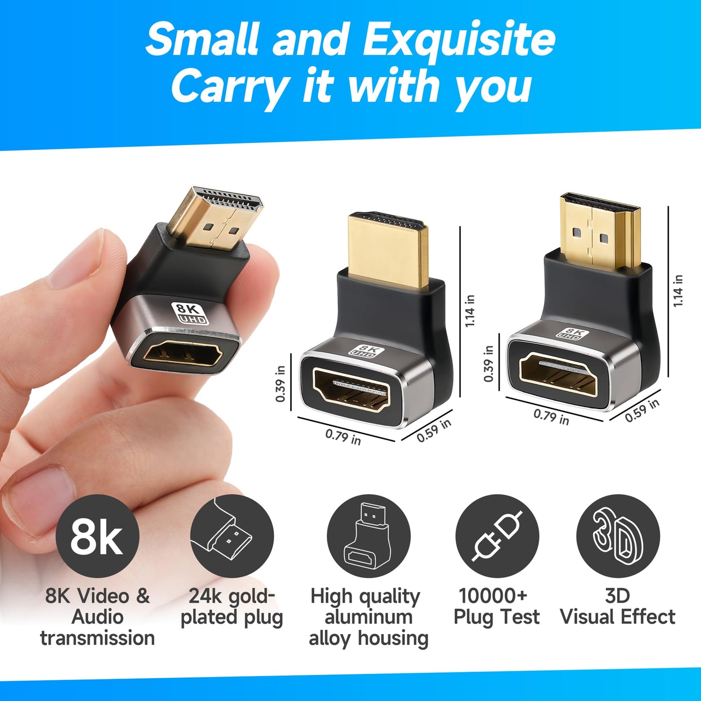 8K 90 Degree HDMI 2.1 Adapter 2 Pack, (Up and Down) Right Angle HDMI Male to Female HDMI L-Shaped Connector Extender Support 8K@60Hz,4K@120Hz