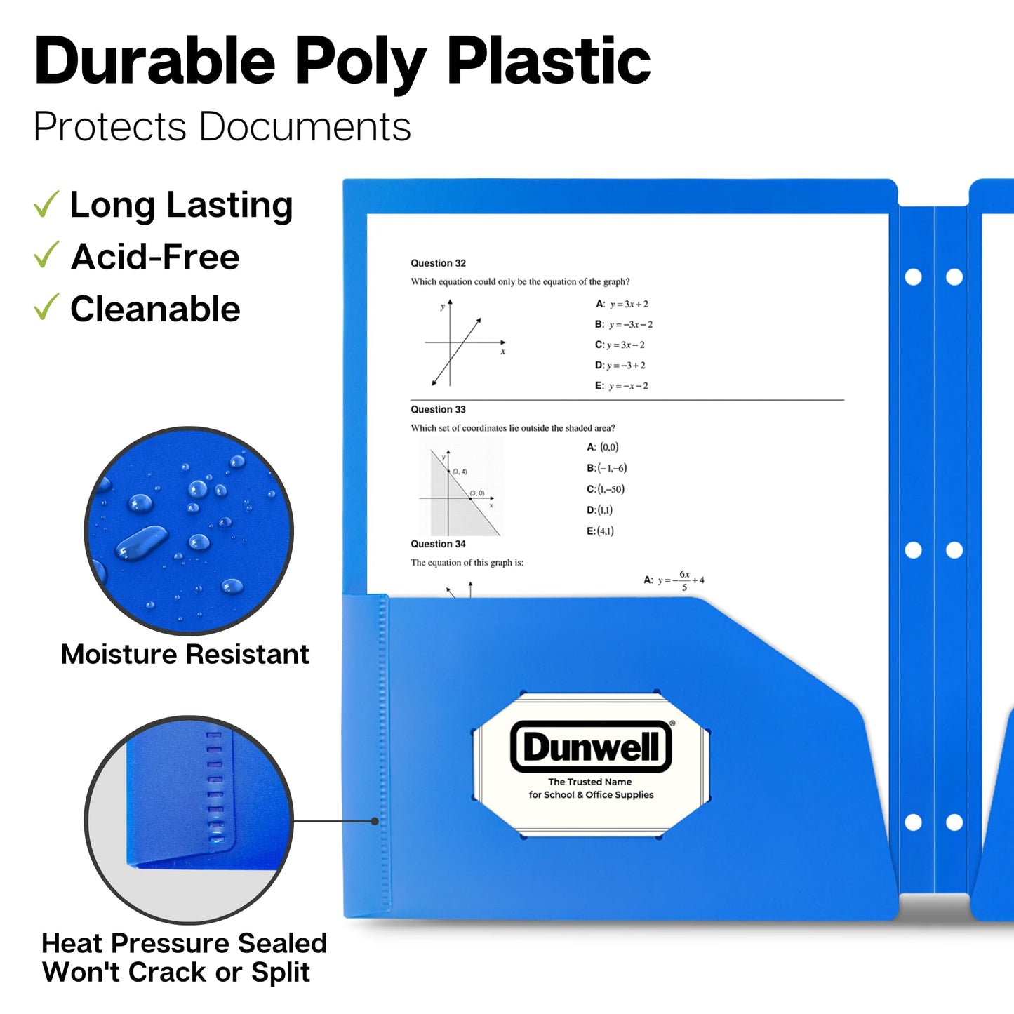 Dunwell Plastic 2-Pocket Folders for 3-Ring Binders, (3 Pack, Blue) 3 Hole Punched, Divider Folder for Notebooks, Durable Poly, Fits 8.5x11 Sheets