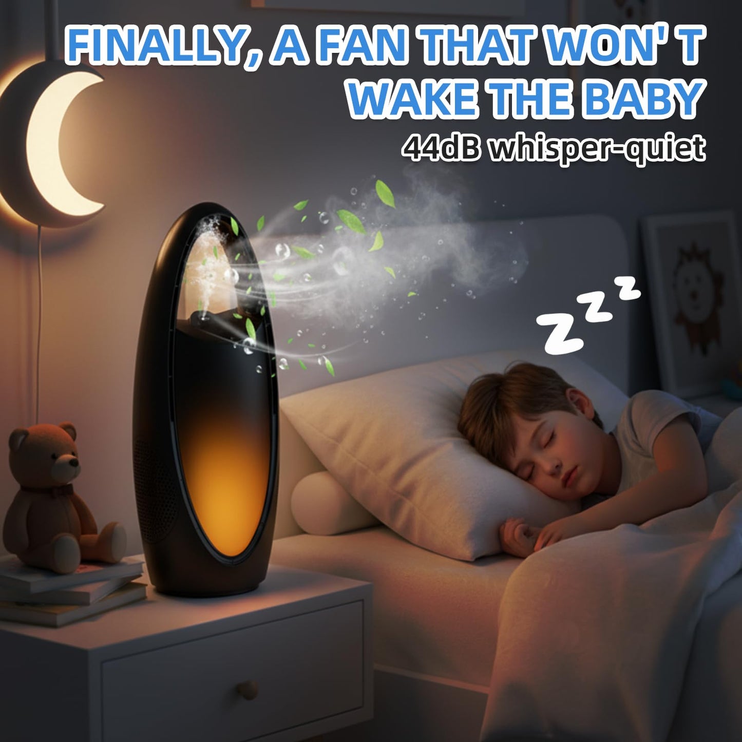 Irrshe Bladeless Cooling Fan with Nano Cool Mist for Sleep & Hot Days, 13-Inch Rechargeable Quiet Desk Fan for Baby Nursery Bedroom Office Dorm