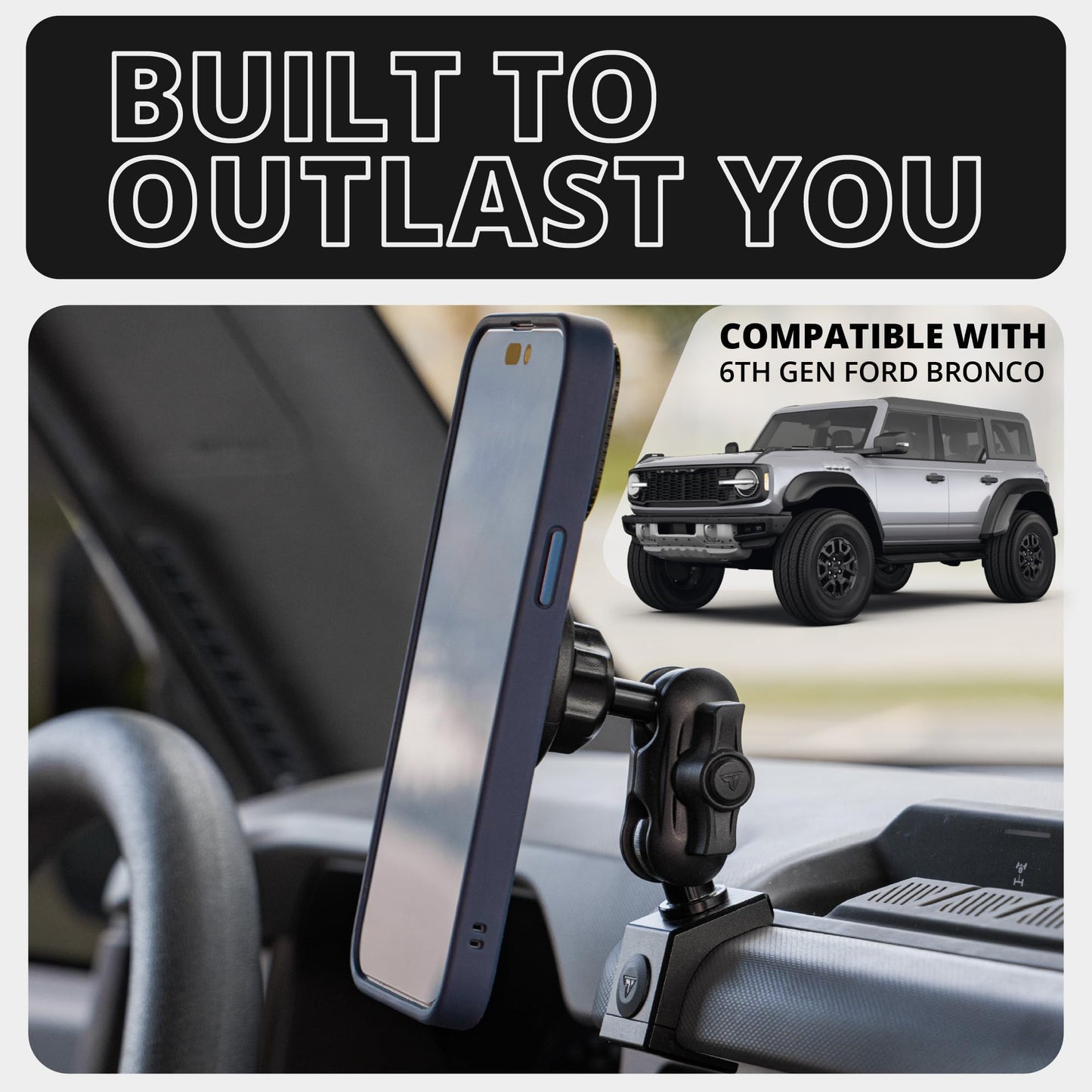 Tackform Link Phone Mount with Top Dash Clip - Compatible with 2021-2025 Ford Bronco | Aluminum | Zero Slip, Anti-Scratch | Universal Magnetic Phone
