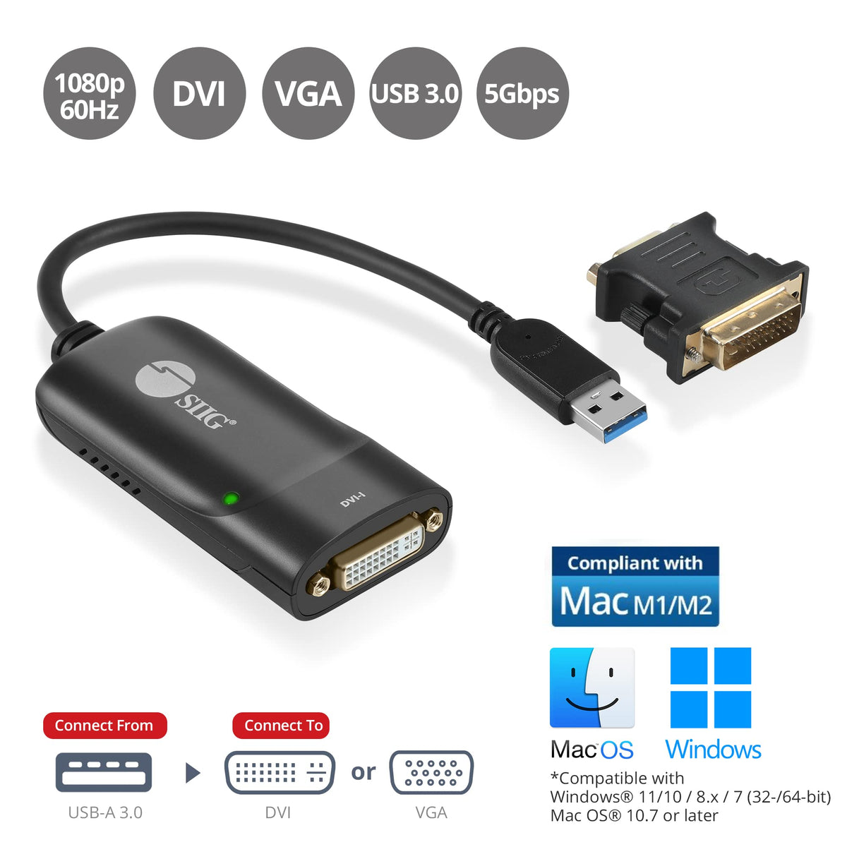 SIIG USB 3.0 to DVI and VGA Display Adapter, 2048x1152, JU-DV0112-S3
