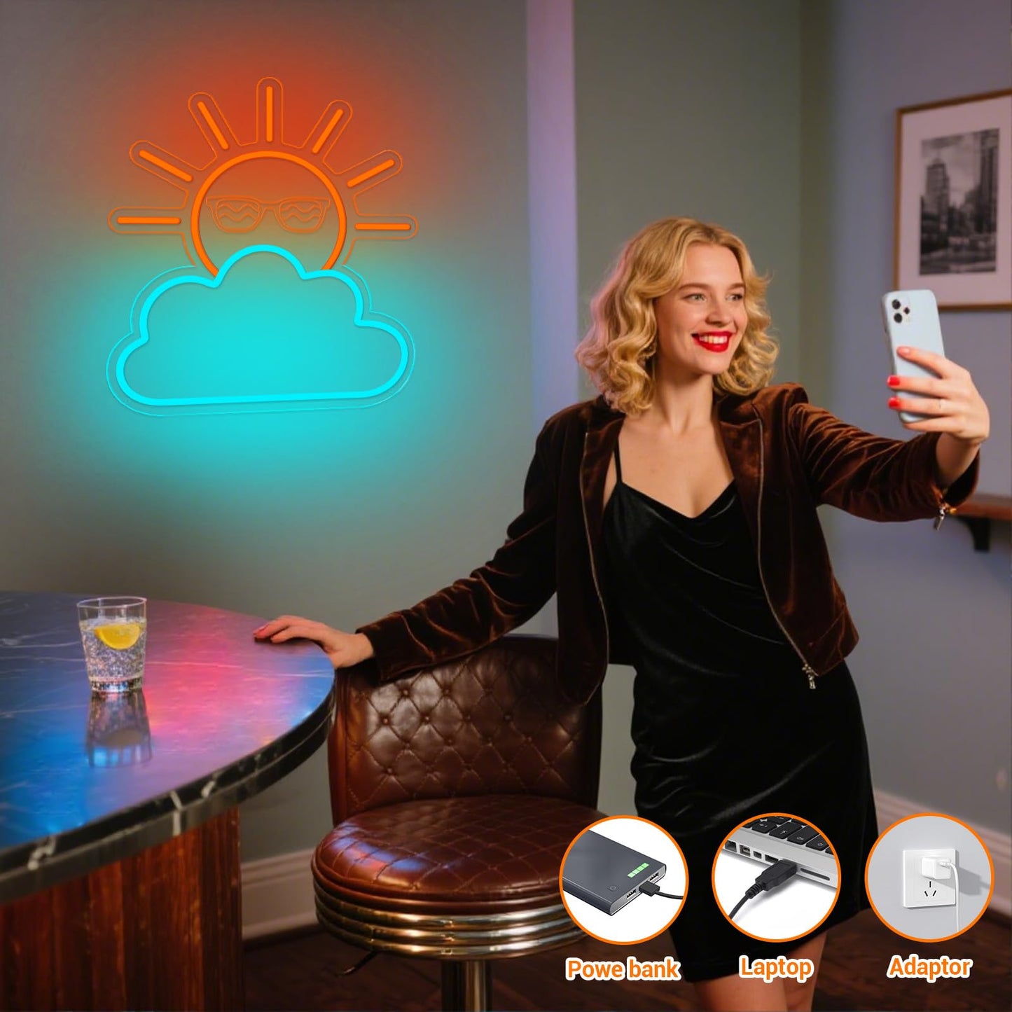 Sunrise Sunset Neon Sign, Sun Blue Cloud Neon Signs for Bedroom Wall Decor, USB Powered Sunset LED Light for Man Cave, Party, Living Room(Orange Sun)