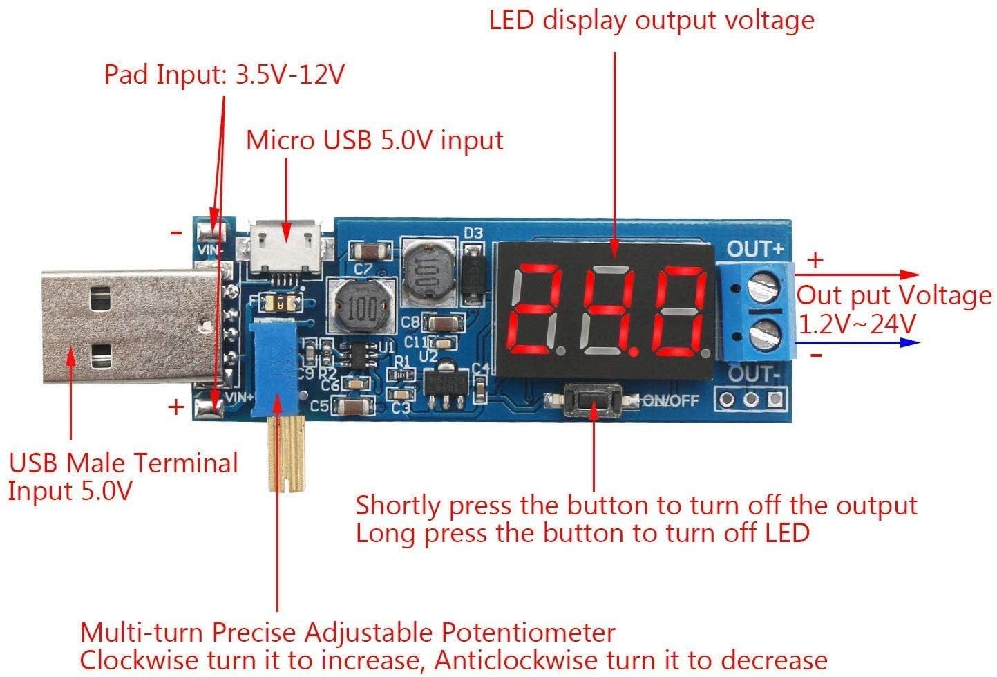 USB Buck Boost Converter 3.5V-12V to 1.2V-24V DC-DC Step Up Step Down Power Supply Module Voltage Regulator 5V to 3.3V 9V 12V 18V (5 Pack)
