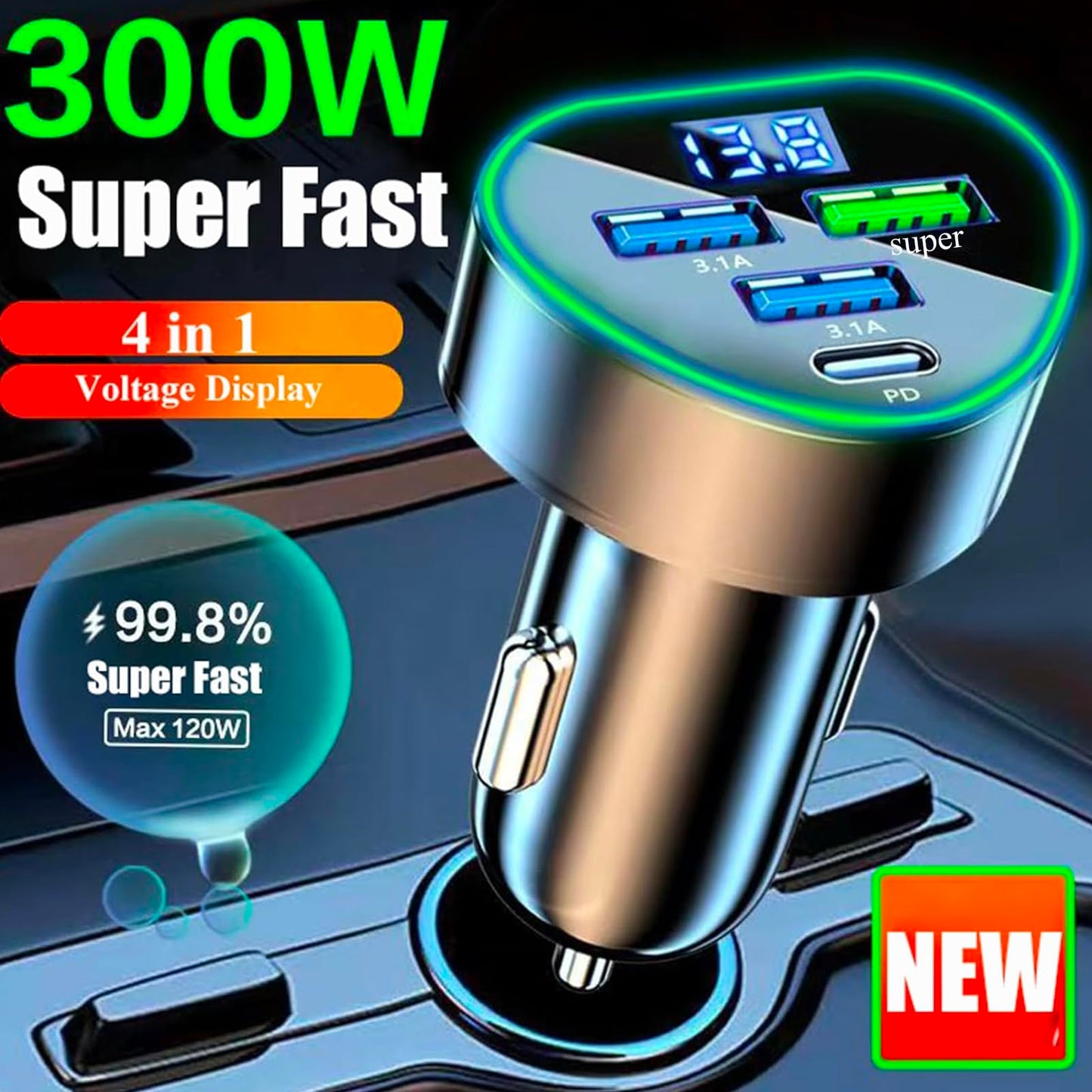 4 in 1 Multi Port USB C Car Phone Charger Adapter with Voltage Display, QC4.0/PPS/AFC Super Fast Cigarette Lighter USB Charge with Volt Meter