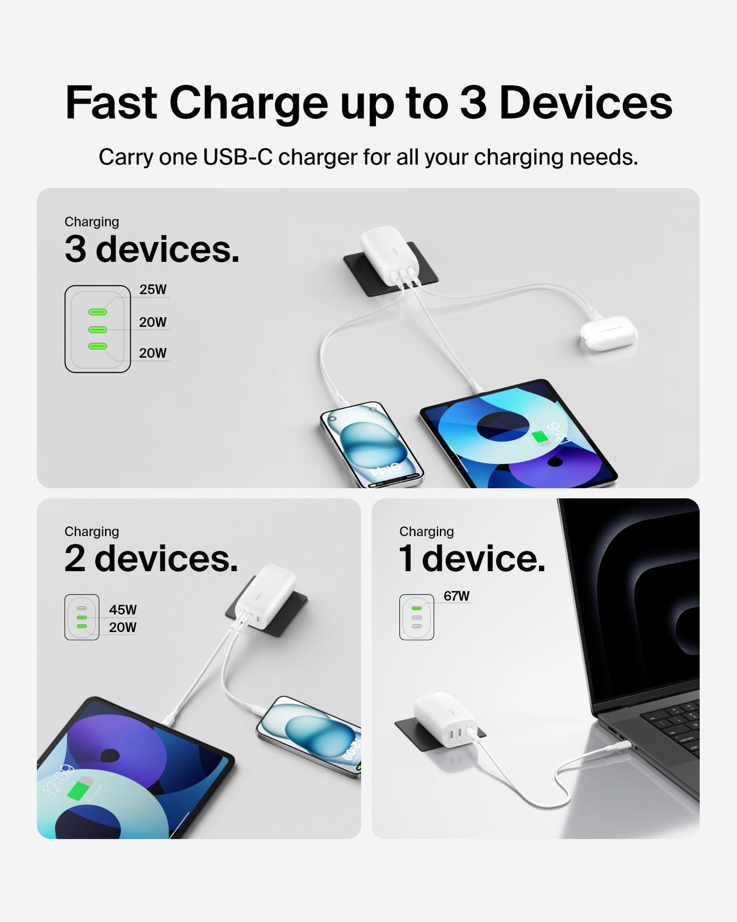 Belkin 3-Port USB C Charger Block 67W - PPS, USB-C PD3.1 Super Fast Charging Charger - Samsung Galaxy S25, Apple iPhone 17, Air, Pro, MacBook