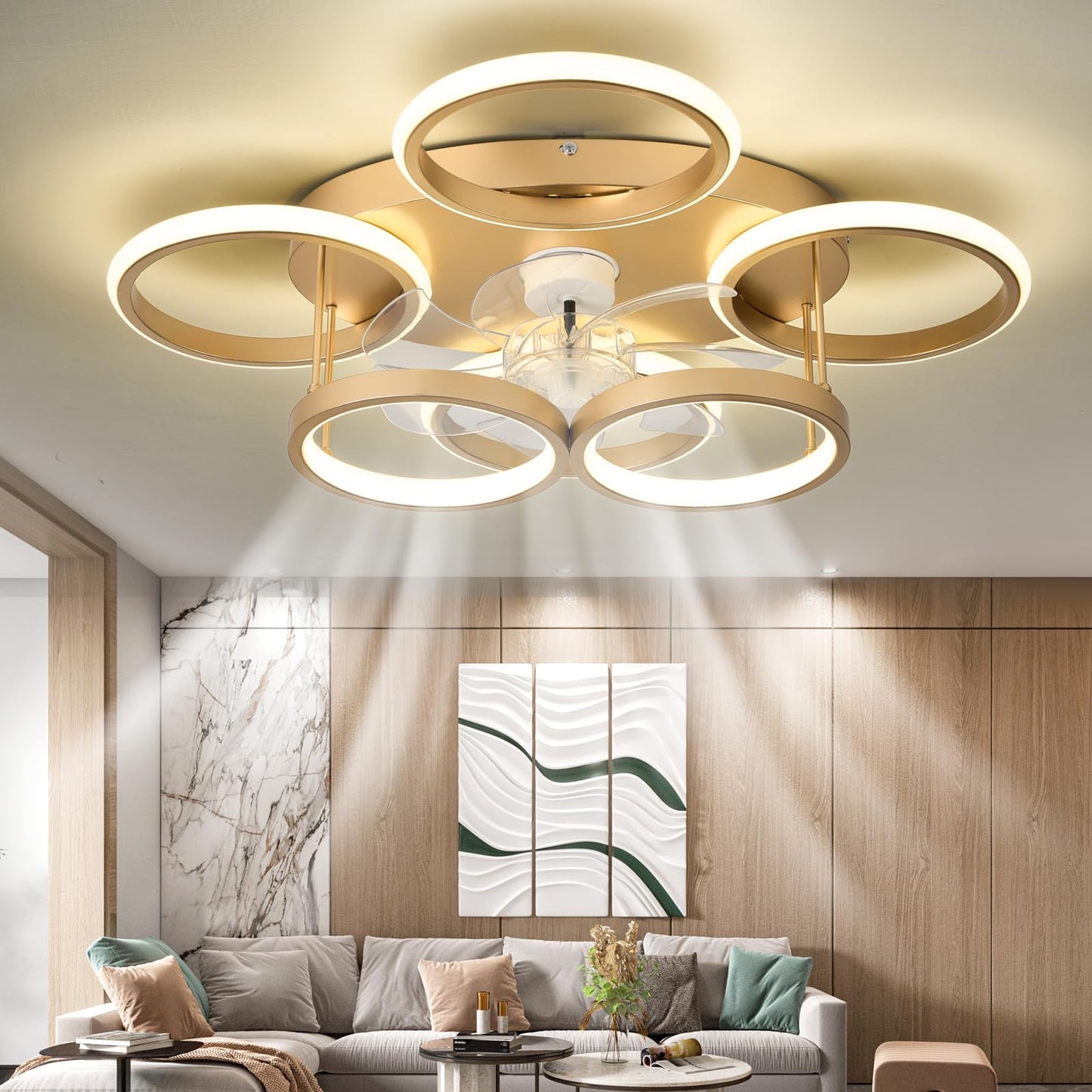 Anyeark Low Profile Ceiling Fan with Light Modern, Bedroom Ceiling Smart Fan with LED, Fandelier Ceiling Fan Flush Mount 25.6-inch, 3000K-6500K
