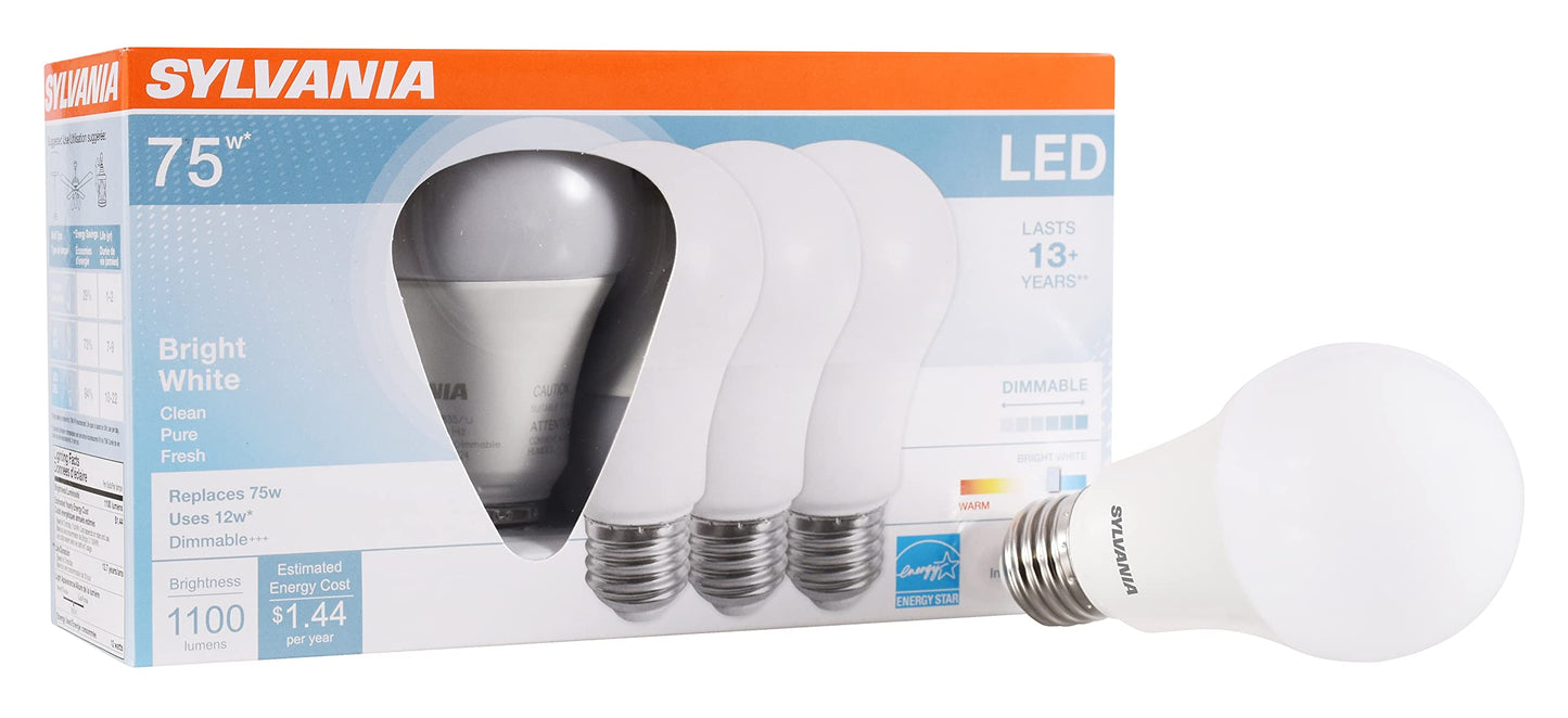Sylvania LED Light Bulb, 75W Equivalent A19, Efficient 12W, 13 Year, Dimmable, 1100 Lumens, Frosted Finish, Bright White - 4 Pack (74427)