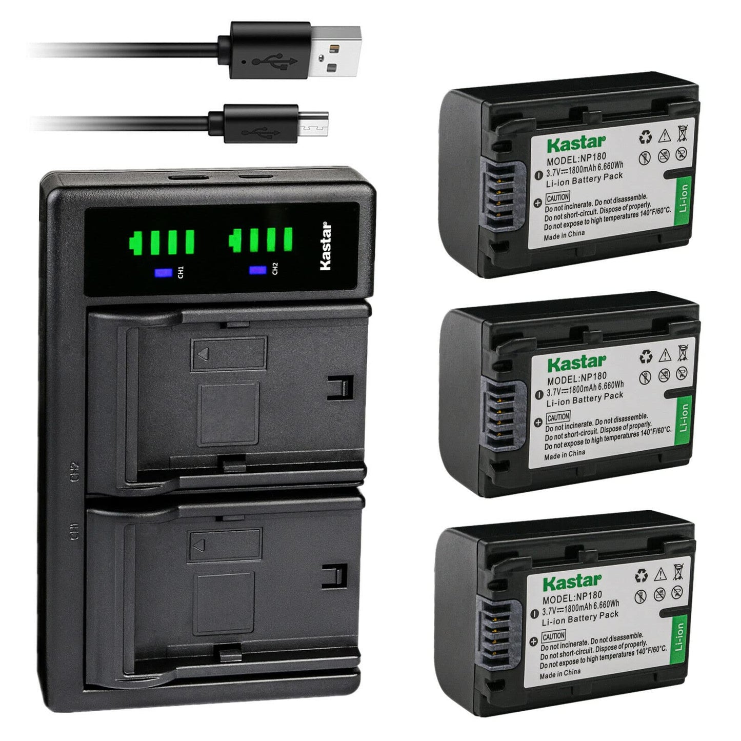 Kastar 3-Pack Battery and LTD2 USB Charger Compatible with Ordro NP-180 NP180 Battery, Ordro HDR-AE8 AE8 Digital Camcorder HD 4K 3 inch IPS Touch