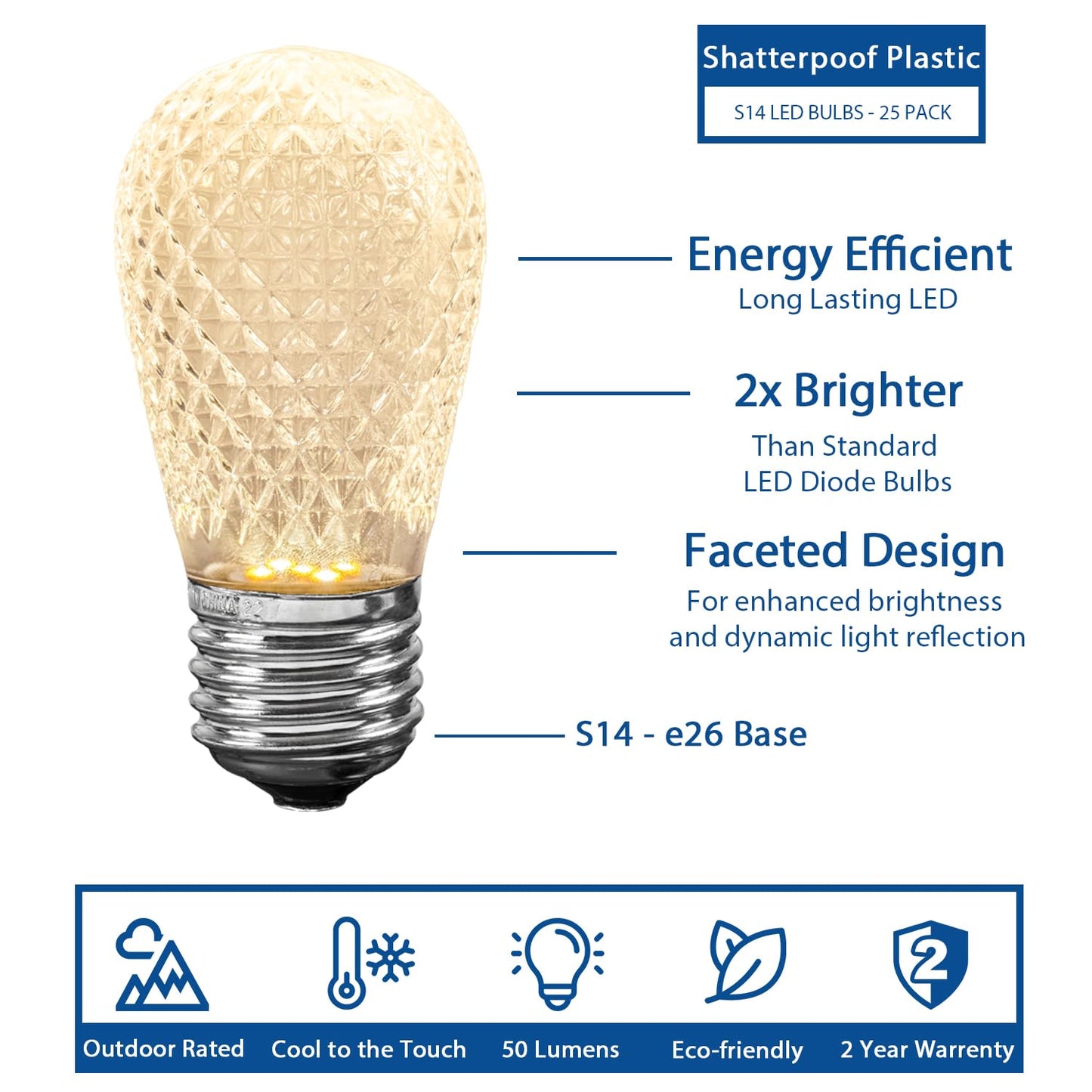 Novelty Lights 25 Pack Warm White LED S14 Outdoor String Light Bulbs