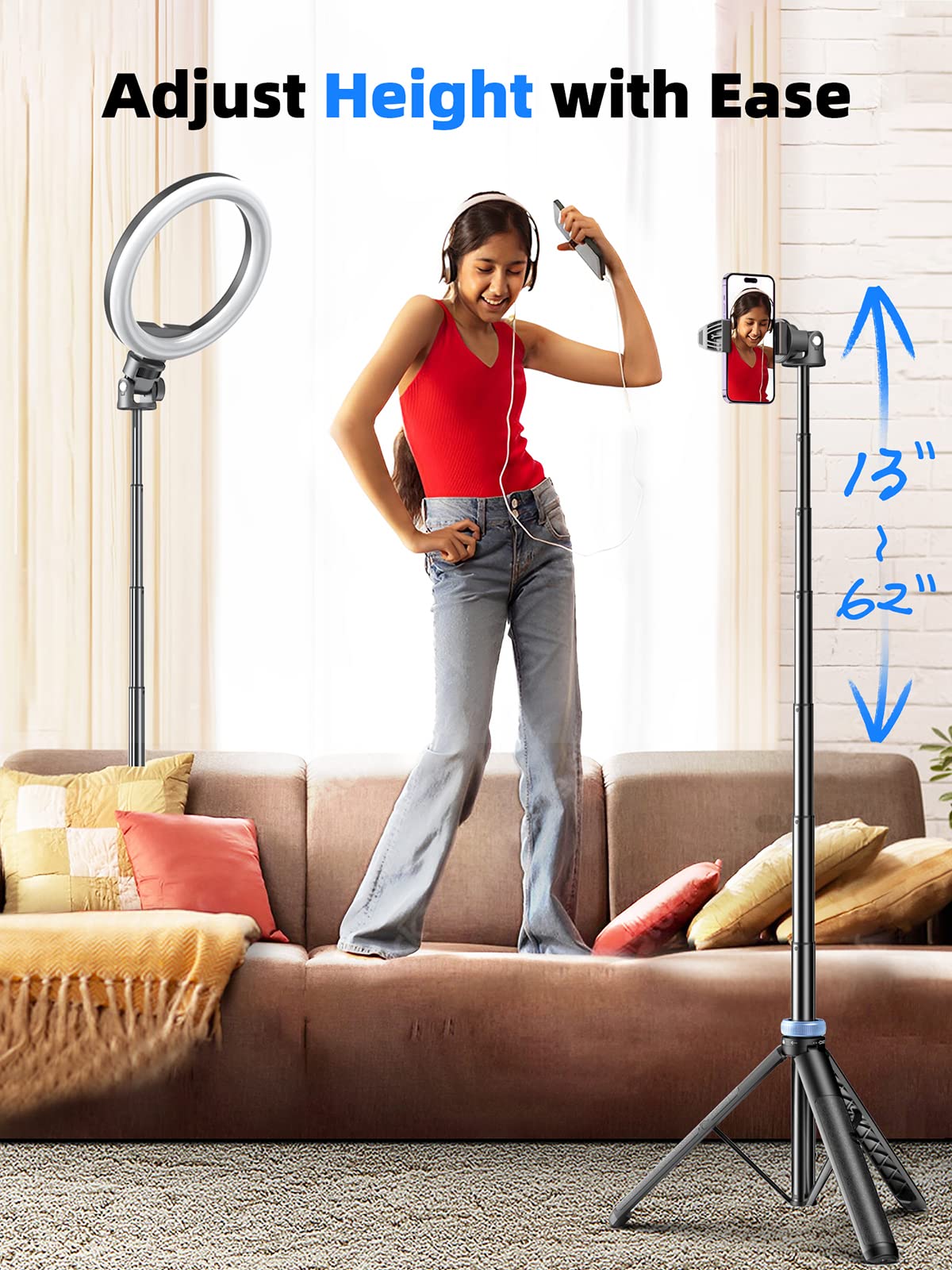 Kaiess 62" Phone Tripod & Selfie Stick, Extendable Photography Light Stand with Wireless Remote, Solidest, Portable, Lightweight, Compatible