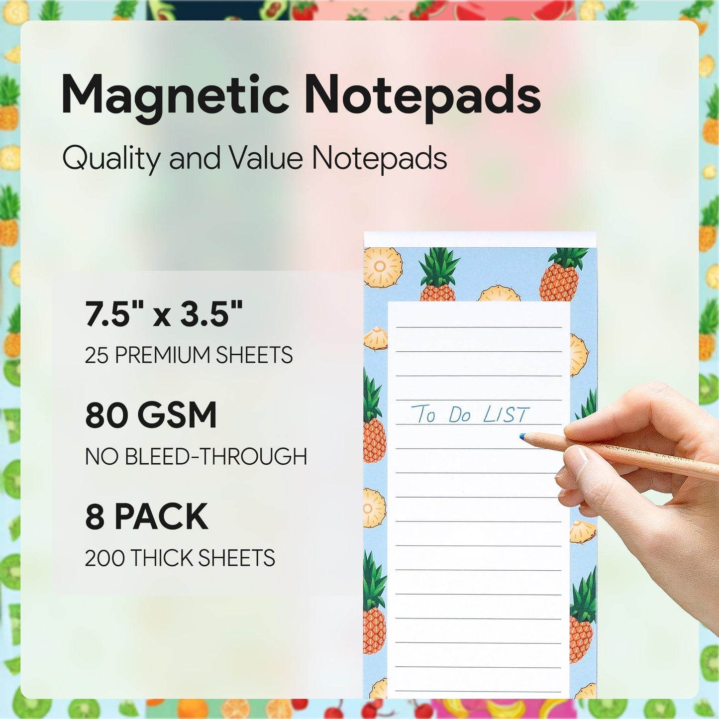 8 Magnetic Notepads - Notepads for Grocery List, Shopping List, To-Do List, Reminders -Strong Magnetic Back- Memo Notepad with Realistic Fruit Designs