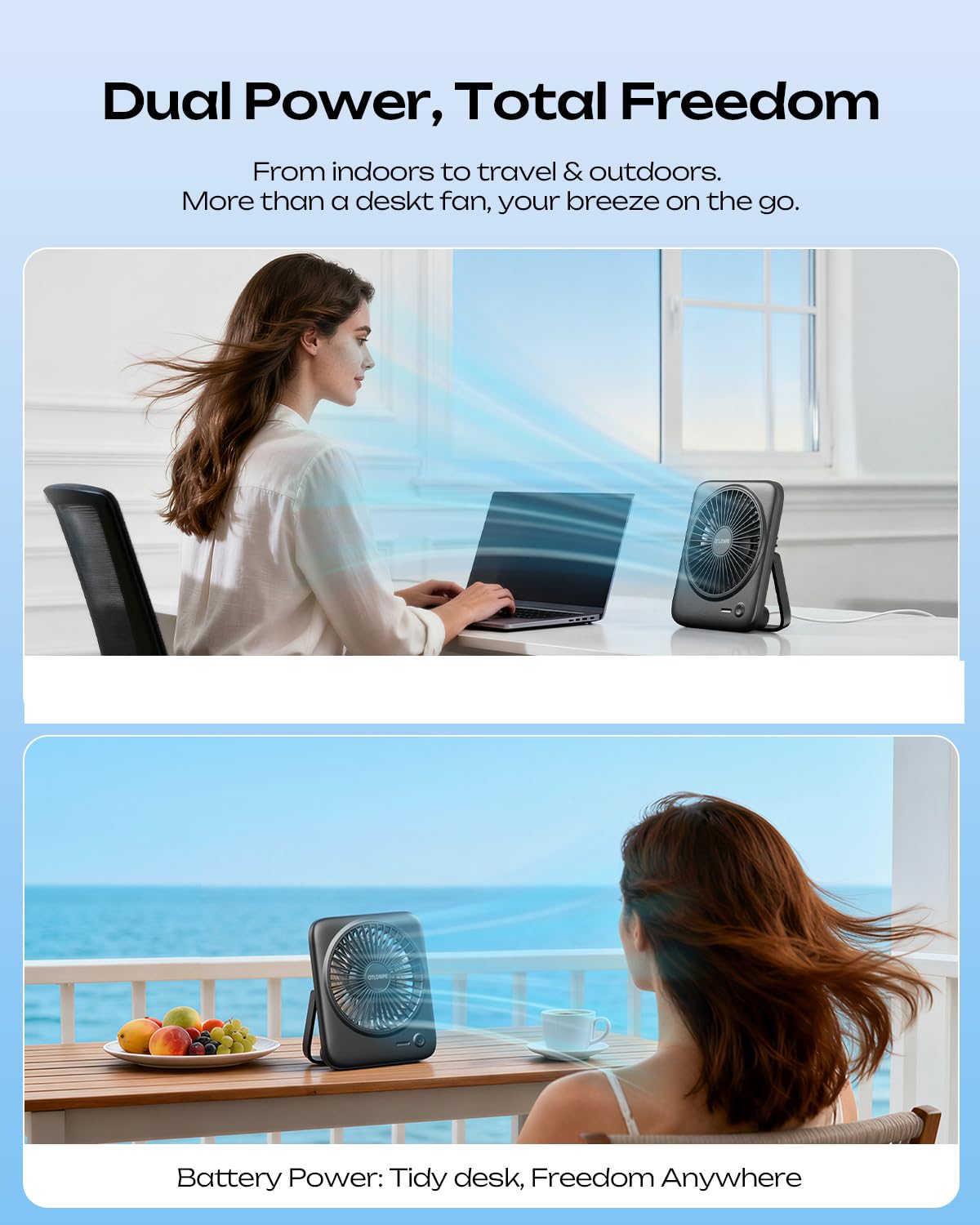 Otlonpe Personal Portable Desk Fan, 4000mAh Small Rechargeable Portable Fan Battery Operated & USB Powered for Travel Sleeping Bedroom Office Home