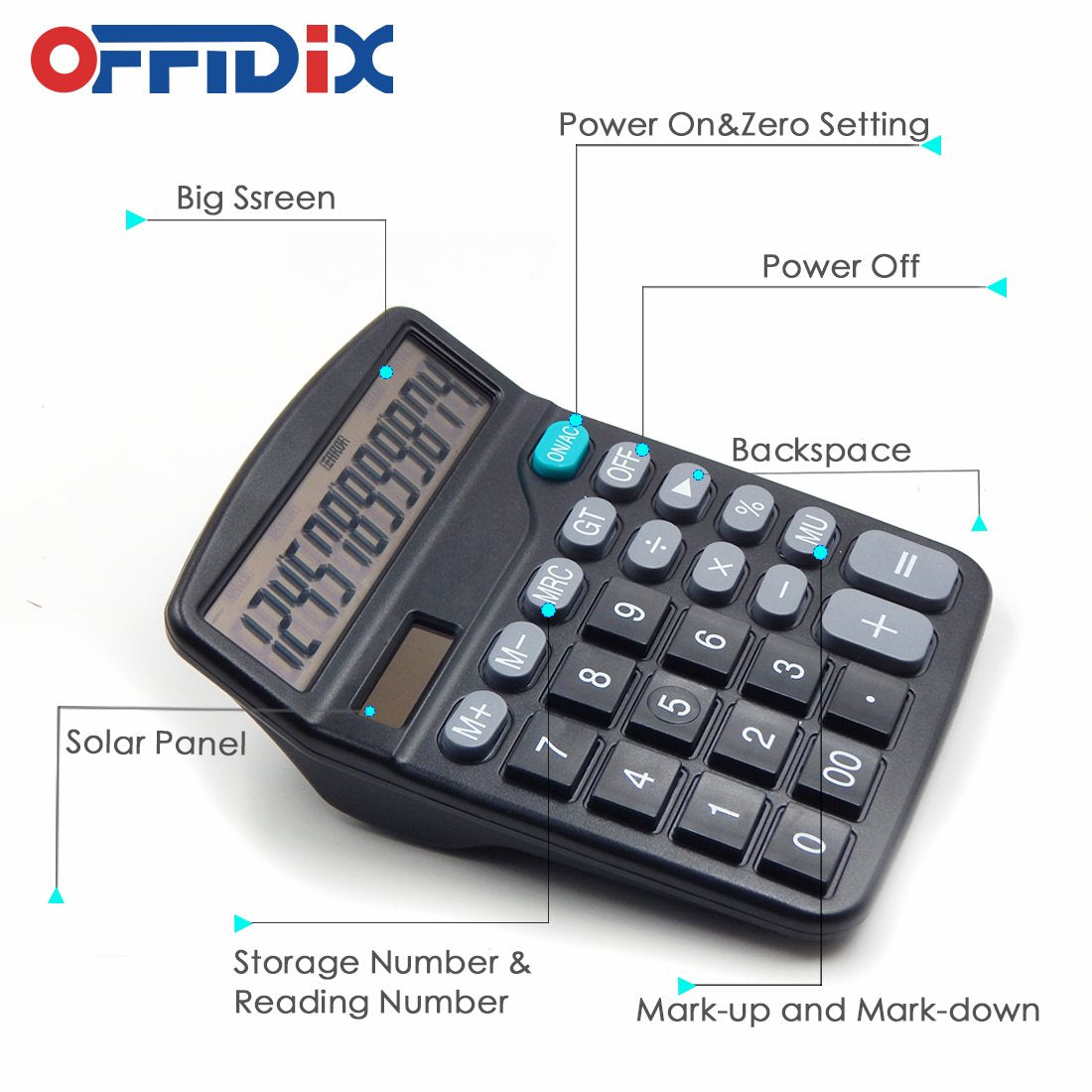 OFFDIX Office Desktop Calculator, Solar and Battery Dual Power Electronic Calculator Portable 12 Digit Large LCD Display Calculator