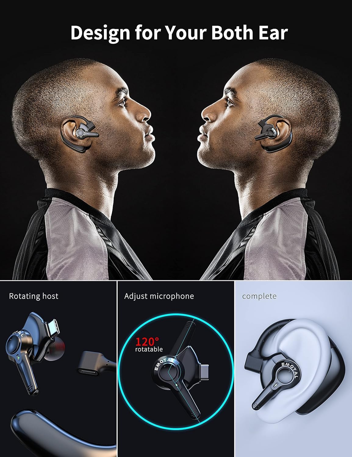 emotal Dual-Mic AI Noise Cancelling Bluetooth Headset for Cell Phones, 10 Days Standby 30Hrs HD Talktime Bluetooth Earpiece IPX6 Waterproof Ultralight