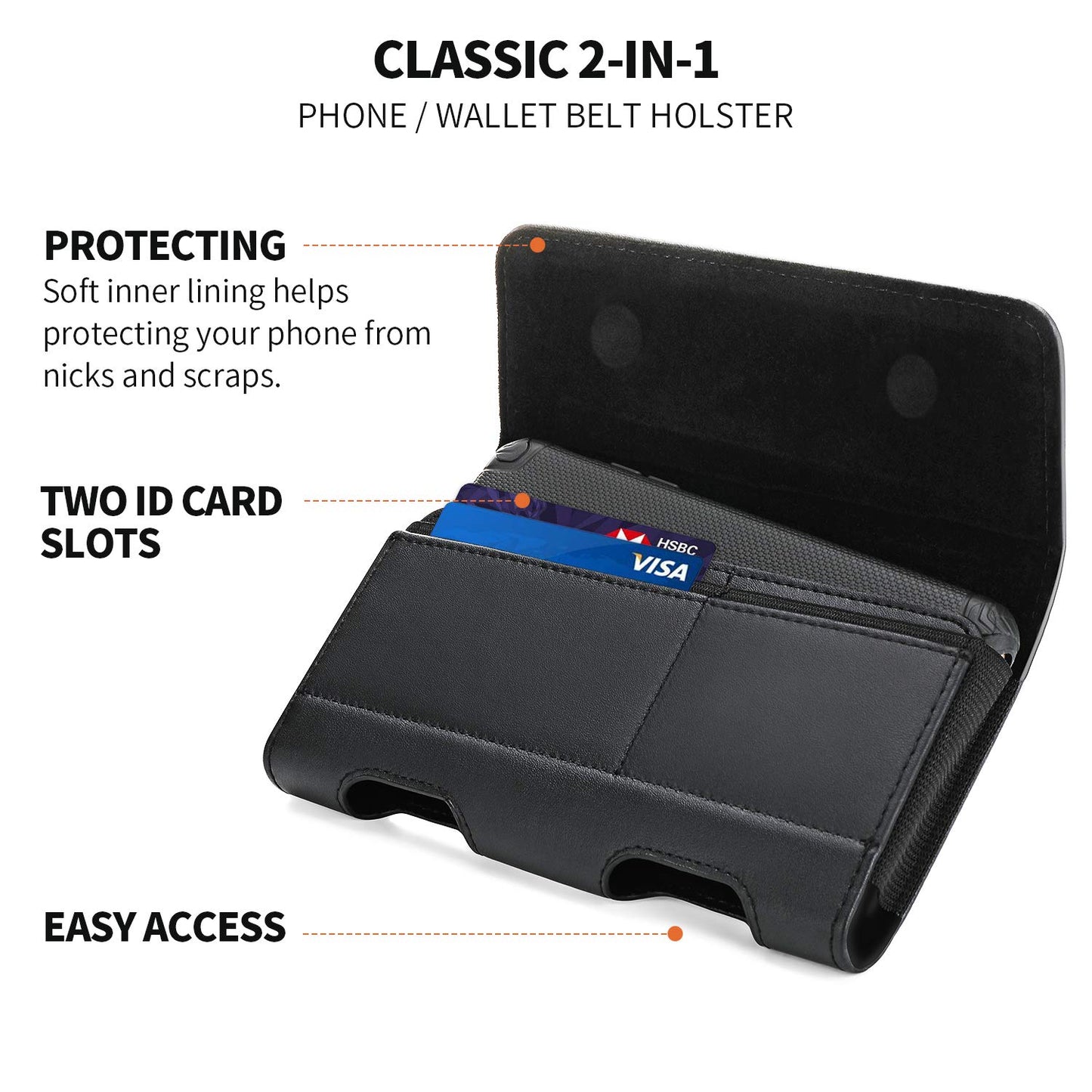 BECPLT Leather Holster Pouch with ID Card Holder, Belt Clip Case for iPhone 13 Mini, 12 Mini, 8, 7, 6s, 6, Galaxy S10e (Fit with Thin Case on)