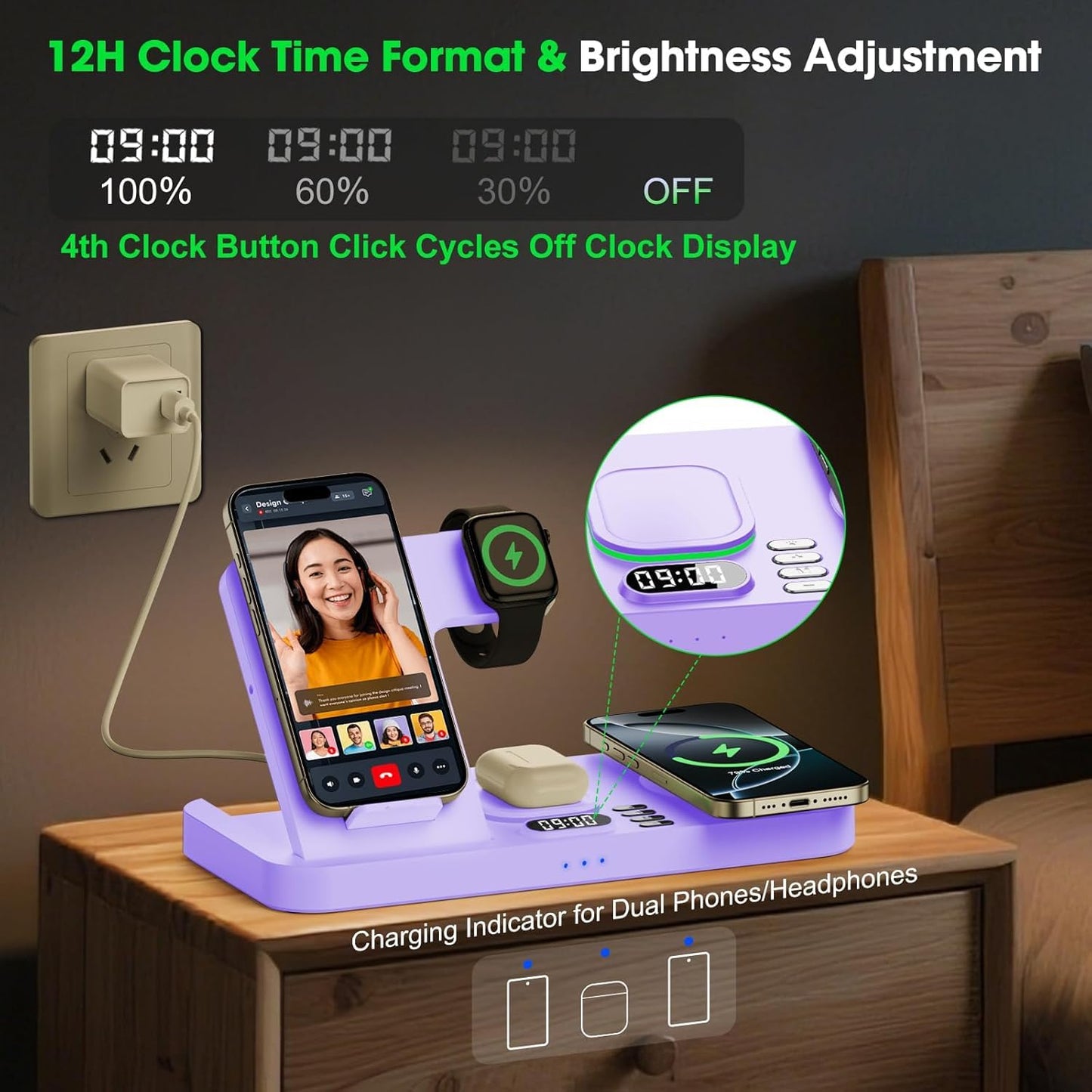 Dual Phone Wireless Charging Station for Apple Devices, Magnetic Charging Station for iPhone with Auto Switch 7-Color Light&Clock,Family Watch Charger
