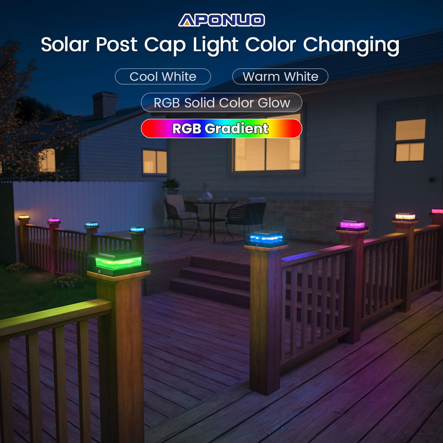 APONUO 6 Pack Solar Post Cap Lights Color Changing - 8 Solid Colors & Flowing Multicolor, IP65 Waterproof for 4x4 Wood/Vinyl Posts, Auto On/Off Deck
