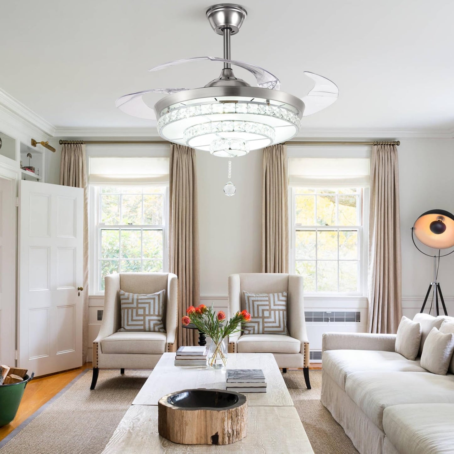 efperfect 42" Crystal Ceiling Fan with Lights, Retractable Modern Chrome Fandelier, Remote 3 Speeds 3 Color Changes Noise-Free Ceiling Fan