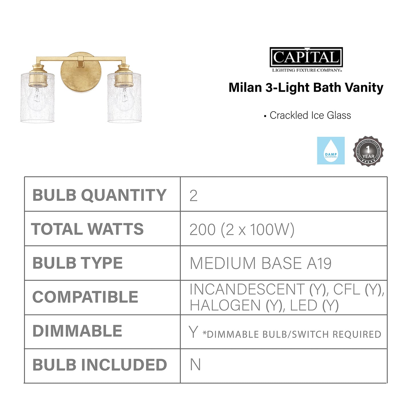 Capital Lighting 120521CG-422 Milan Iced Glass Bath Vanity Wall Mount, 2-Light 200 Total Watts, 9" H x 13" W, Capital Gold
