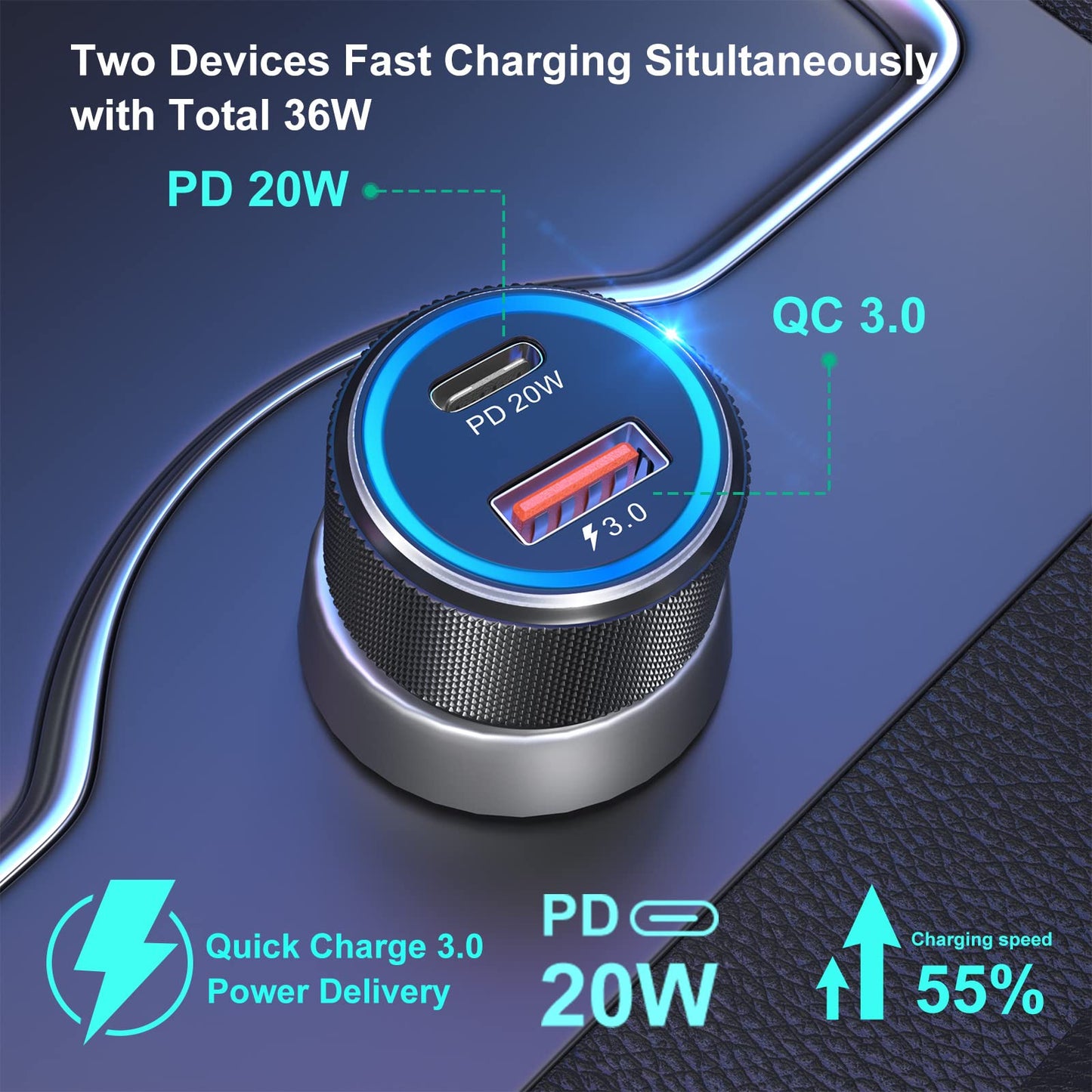 USB C Car Charger 5 Pack, Bangfun 36W Dual Port PD&QC 3.0 Fast Charging 12V USB Car Charger Cigarette Lighter Adapter Plug for iPhone 15 14 13 12 11