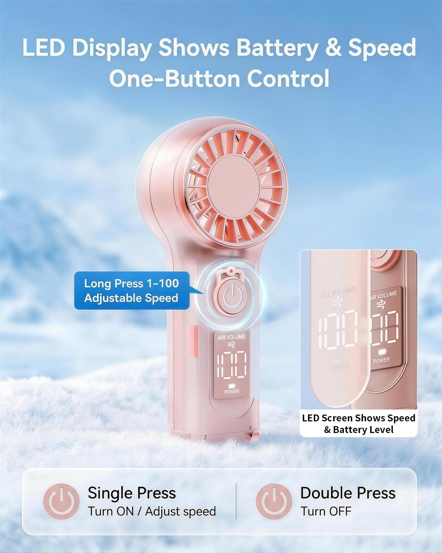 Portable Handheld Fan with LED Display,100 Speed Mini High Speed Rechargeable Turbo Fan Blow Cold Air, Small Personal Cooling Travel Essential