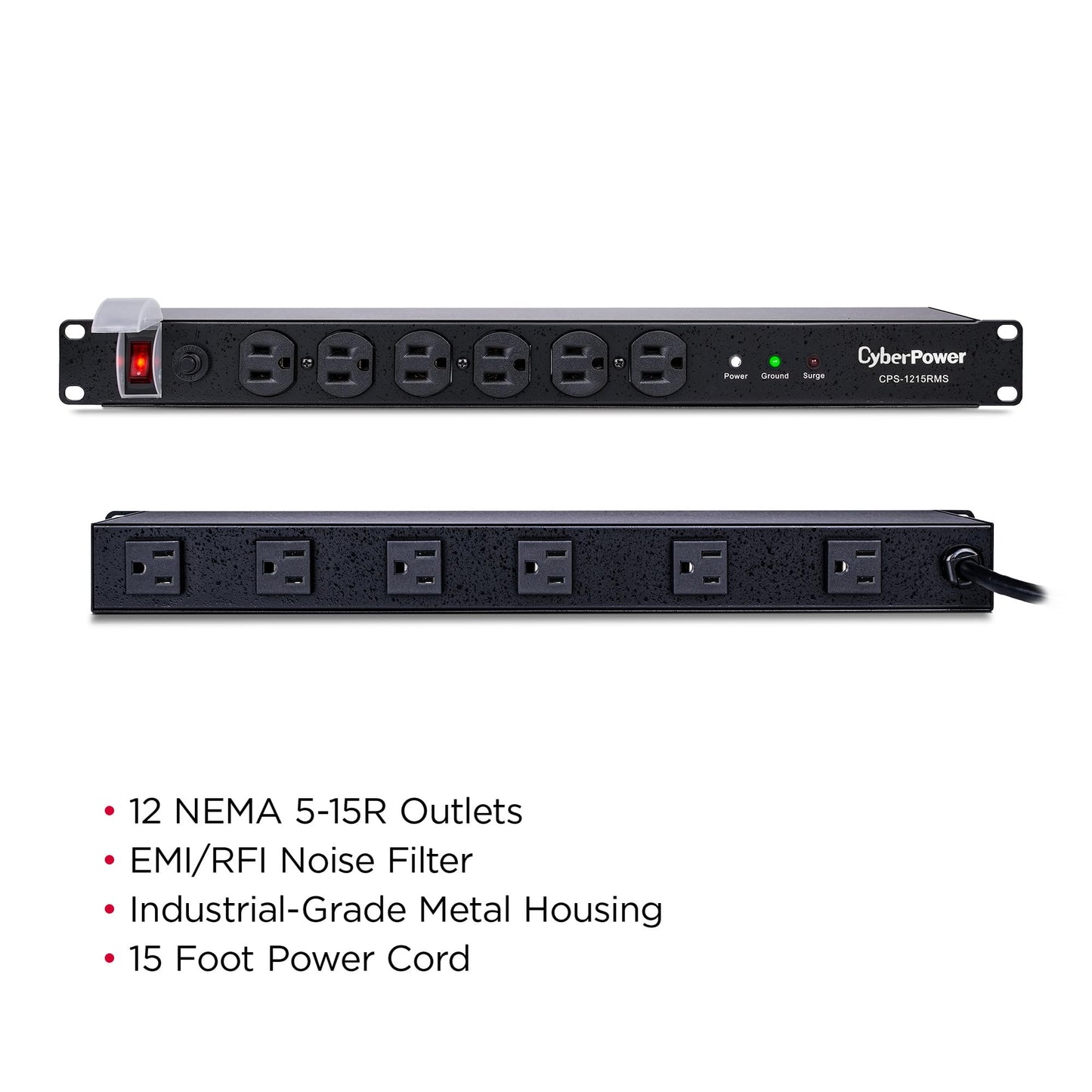 CyberPower CPS1215RMS Surge Protector, 120V/15A, 12 Outlets, 15 ft Power Cord, 1U Rackmount