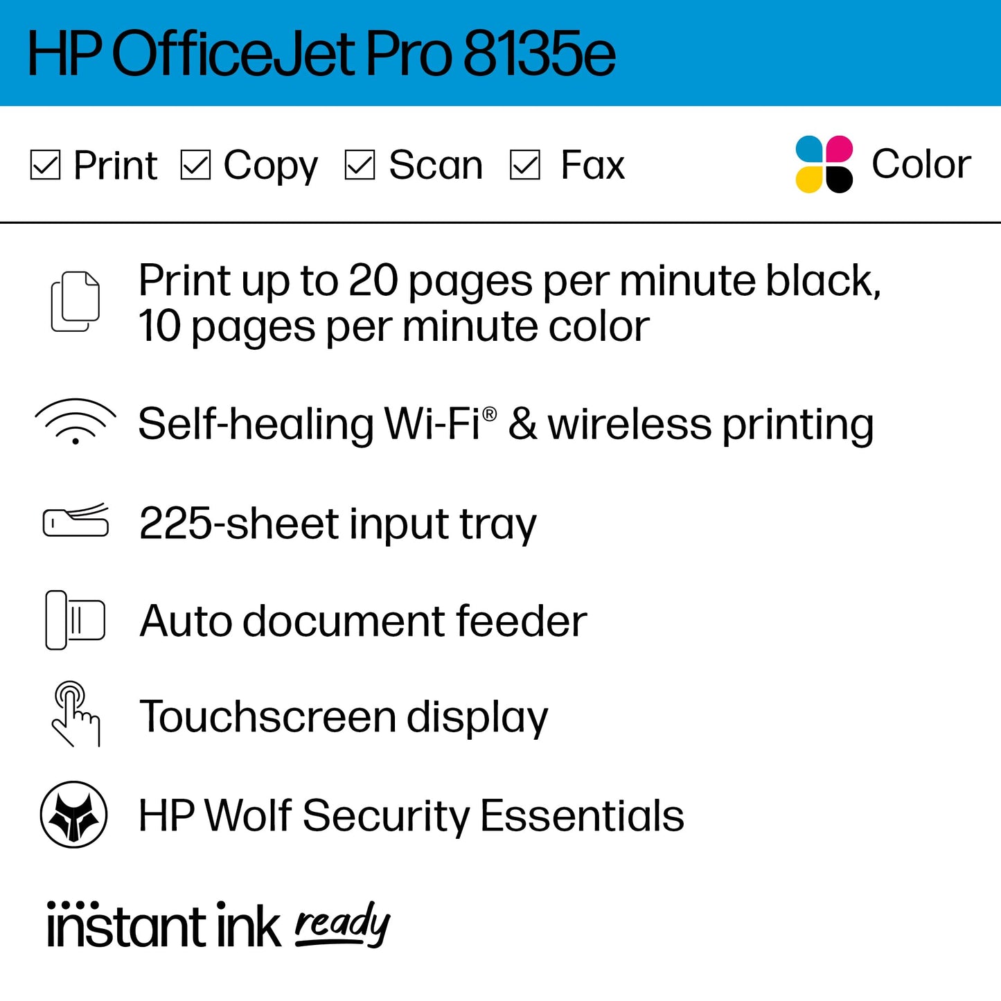 HP OfficeJet Pro 8135e Wireless All-in-One Color Inkjet Printer, Print, Scan, Copy, Fax, ADF, Duplex Printing, Best-for-Home Office, 3 Months