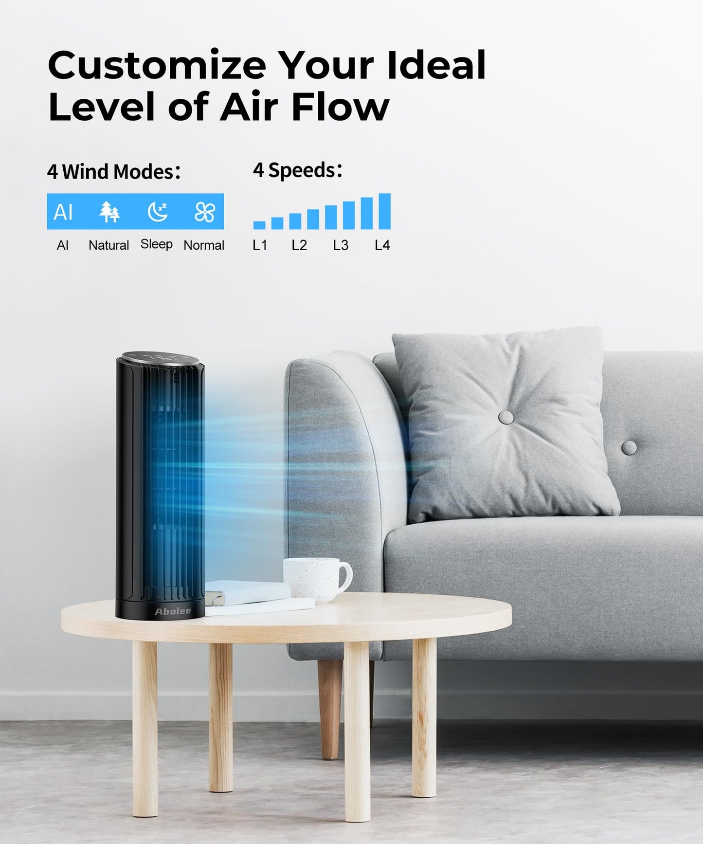 Abolee 13'' Bladeless Tower Fan for Bedroom, Black