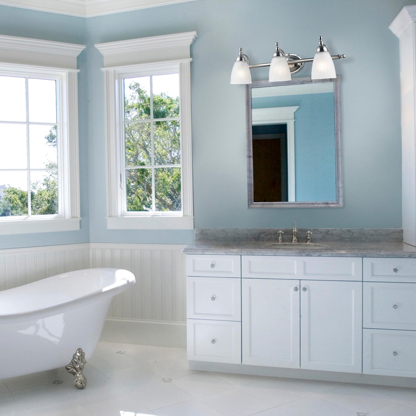 Globe Electric 50783 23" 3-Light Vanity Light, Satin Nickel, Alabaster Glass Shades, Beauty Room Accessories, Bathroom Lights Over Mirror, Makeup