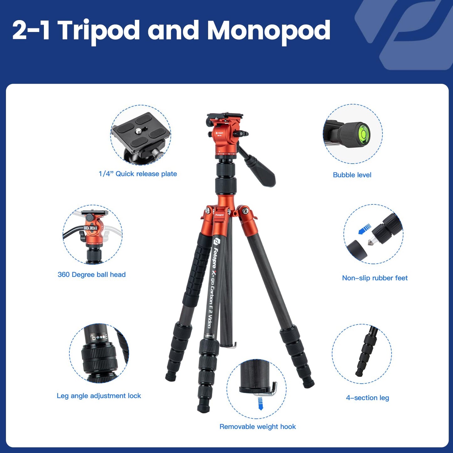 Fotopro 59" Carbon Fiber Travel Tripod with Fluid Head Detachable Monopod with Quick Release Plate and Bag Camera Tripod Load up to 8KG/17.63lbs X-go