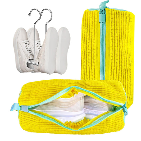 Mowtential 2-Pack Shoe Washing Machine Bag Kit – Reusable with 2 Drying Racks & 12 Cleaning Balls, Quick Sneaker & Tennis Cleaner, Yellow