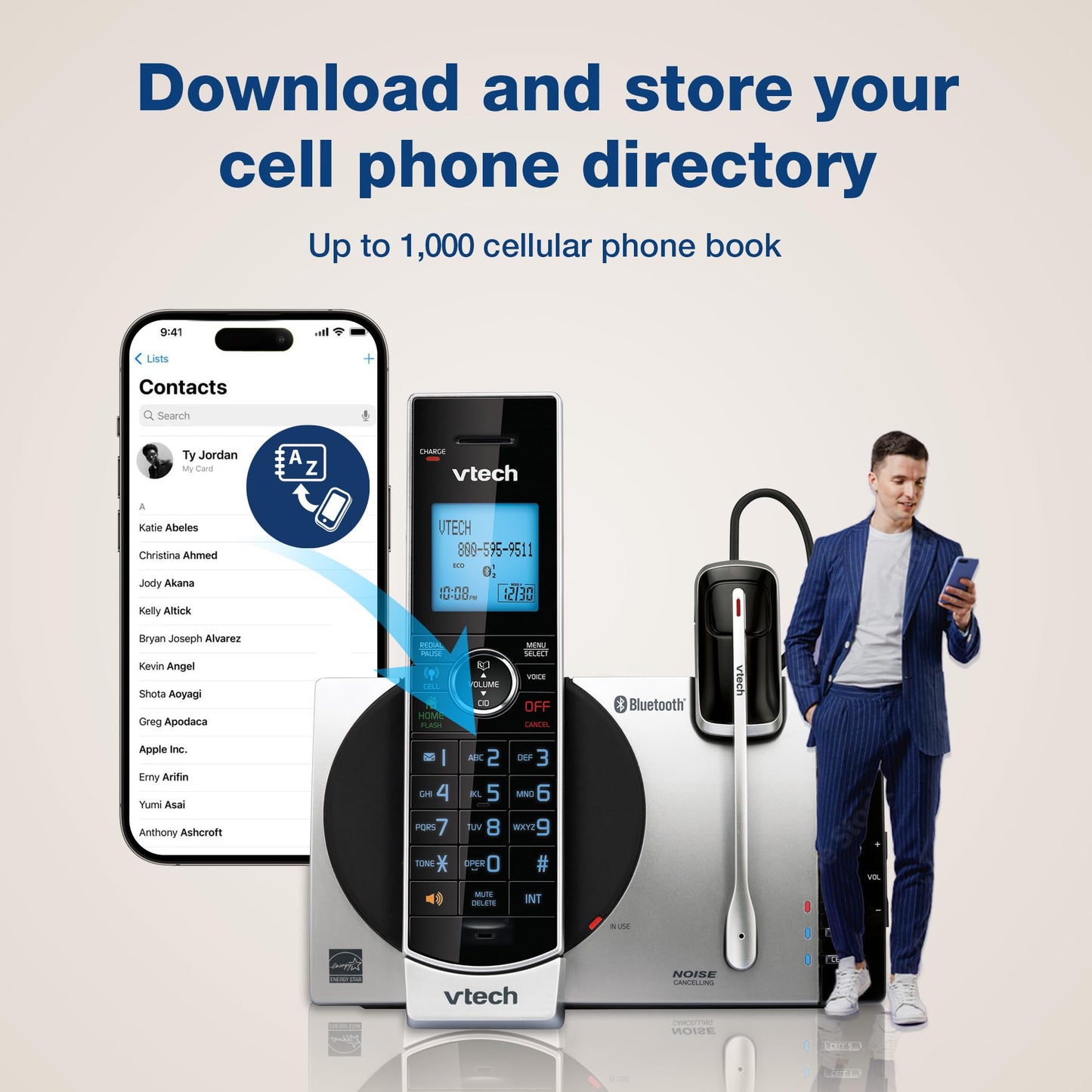 VTech DS6771-3 Connect to Cell, Cordless Phone with Answering Machine, DECT 6.0 Headset+2 Handset Intercom, Bluetooth, Caller ID/Call Waiting