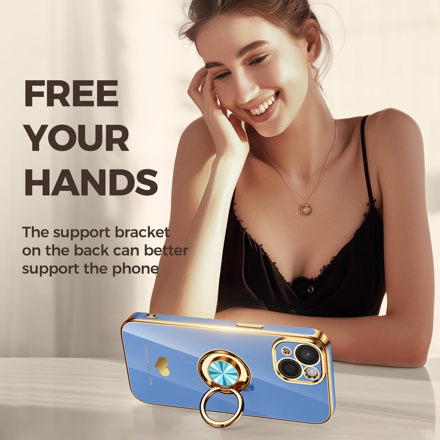 Nonional Compatible for iPhone 14 Case with 2 Pack Screen Protector, 360° Rotatable Ring Holder [Luxury Hearts Pattern] Plating Gold Edge Slim Soft