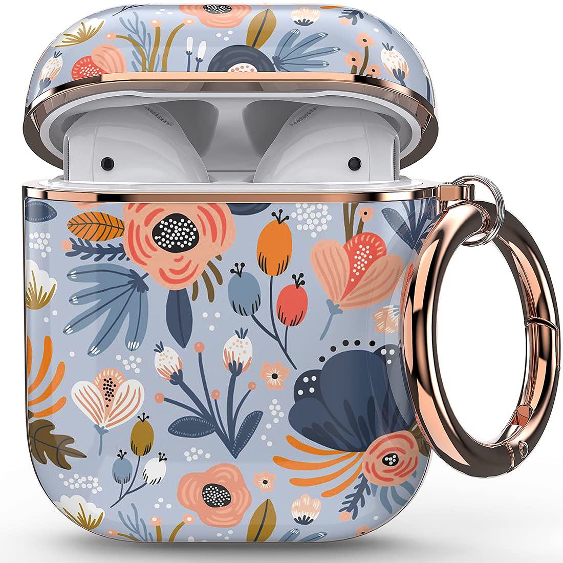 wenew for AirPod Case, Flower AirPods Hard Case Cover with Keychain for Women Men, AirPod 1st & 2nd Generation case (Blue)