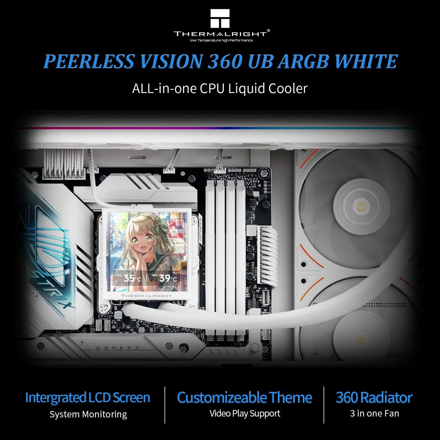 Thermalright Peerless Vision 360 UB ARGB White Aio CPU Liquid Cooler,IPS Screen with 480x480 Resolution-60HZ,3 Inline CPU Fans,for AM5/Intel