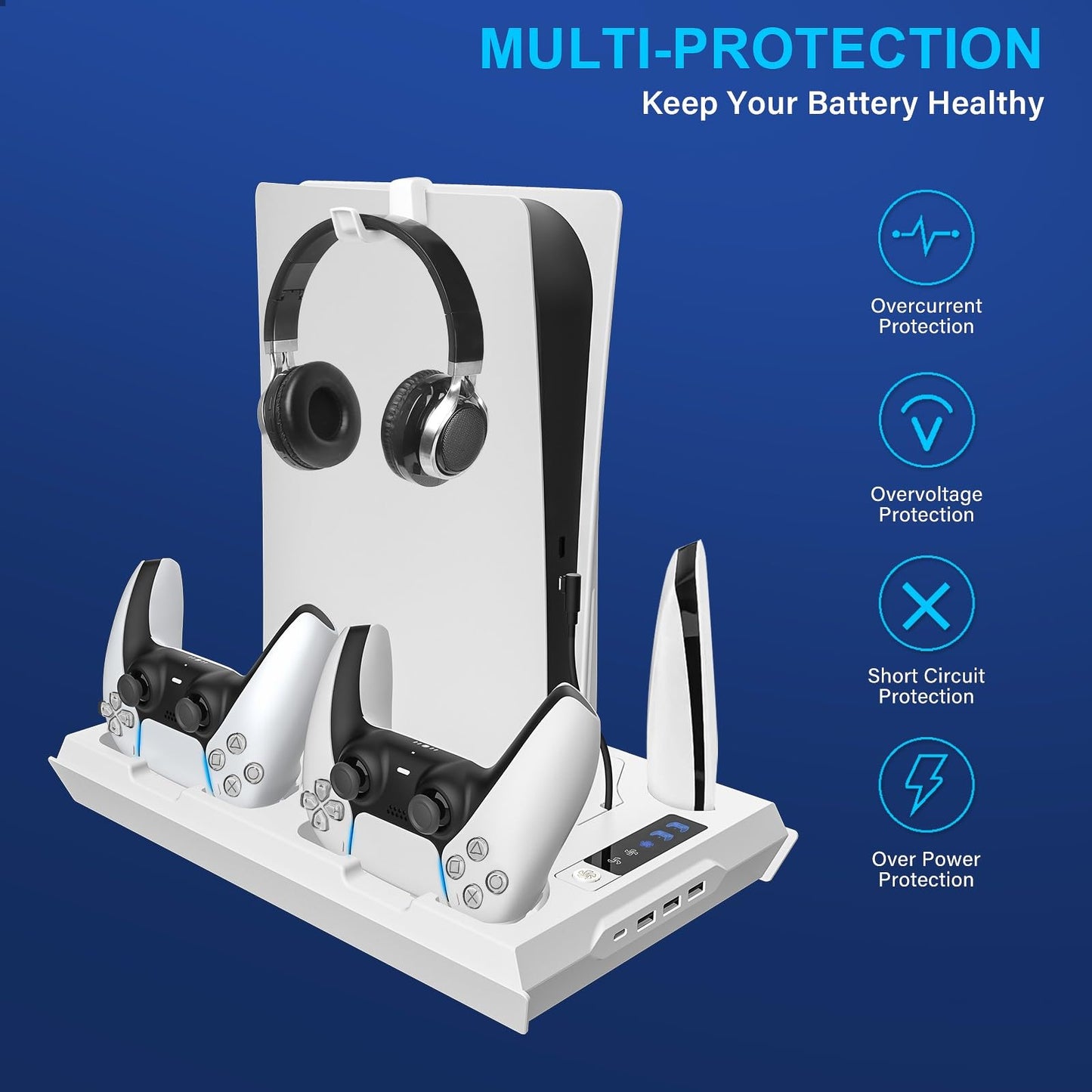 Paobas Cooling Station for PS5 with Dual Controller Charging Station, Stand for PS5 Slim Console, Headset Holder, 4 USB Hub & USB-C Port - All-in-One