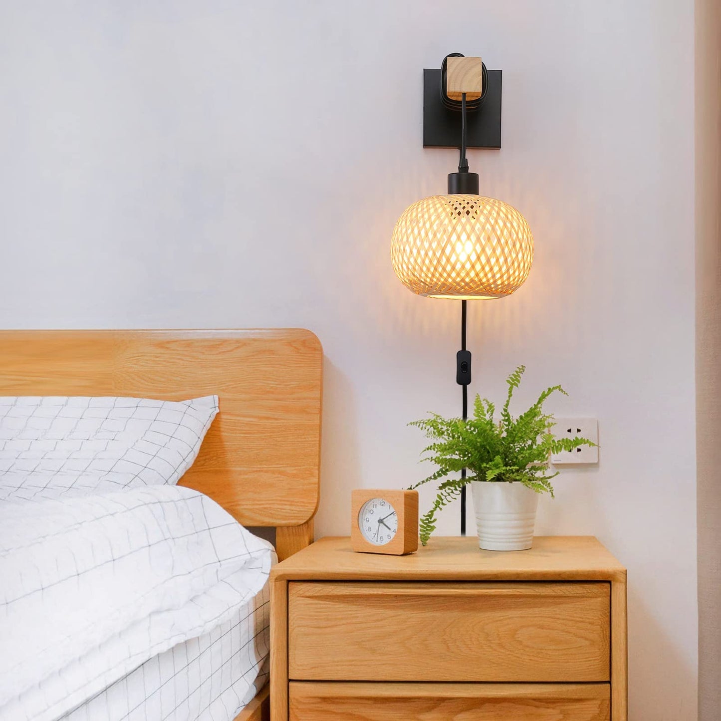 Farmhouse Plug in Wall Sconces Light Fixture for Bedroom, Living Room, Bamboo Rattan Lantern Lampshade Wood Beam Wall Mounting Hanging Lamp, Vintage