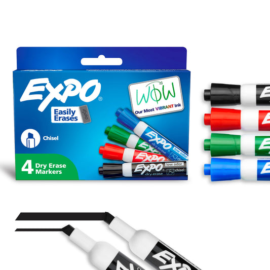 EXPO Dry Erase Markers, Low Odor Ink, Assorted Colors, Chisel Tip, 4 Count - Whiteboard, Calendar, Organization, Essential Supplies for Office