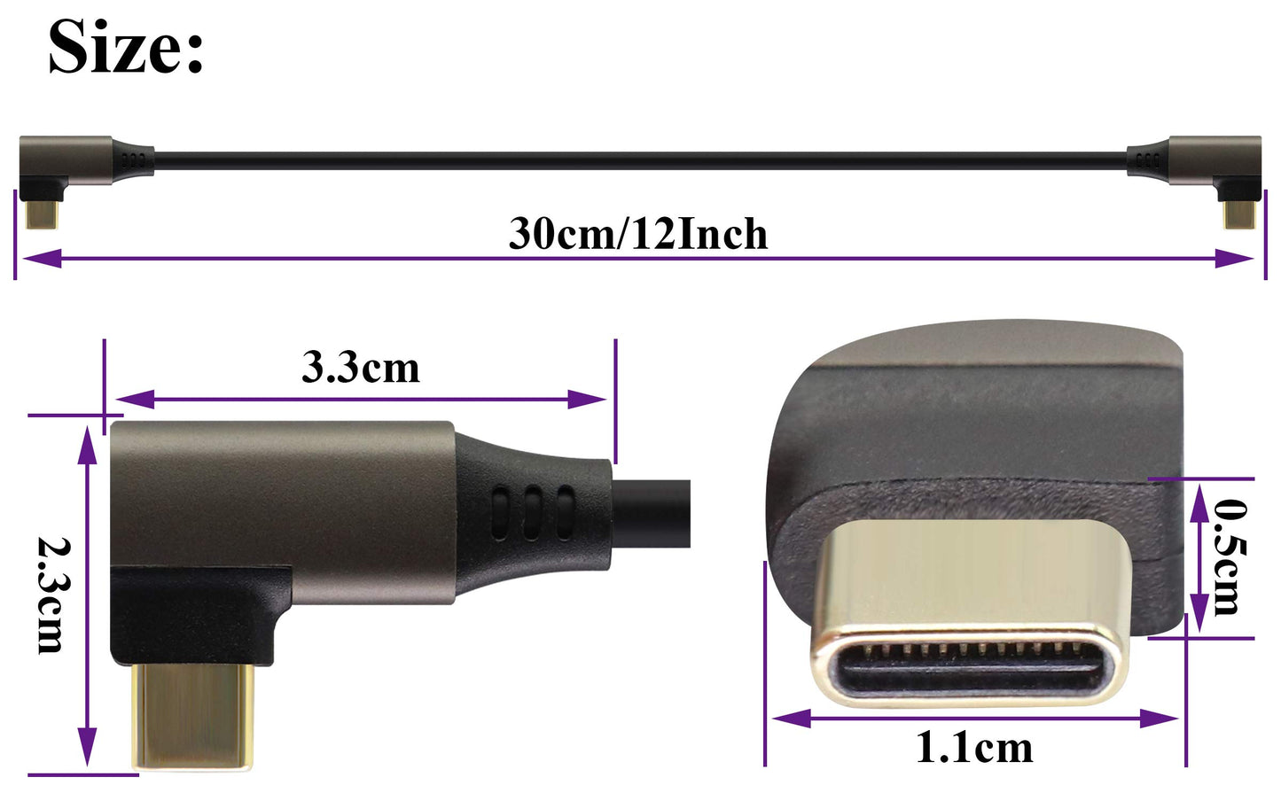AAOTOKK 90 Degree USB 3.1 Type C Cable Right & Left Angled 3.1 USB Type C Male 4K@60Hz Gen 2 Extension Cable Supports Charging,Data,Audio,Video Cable