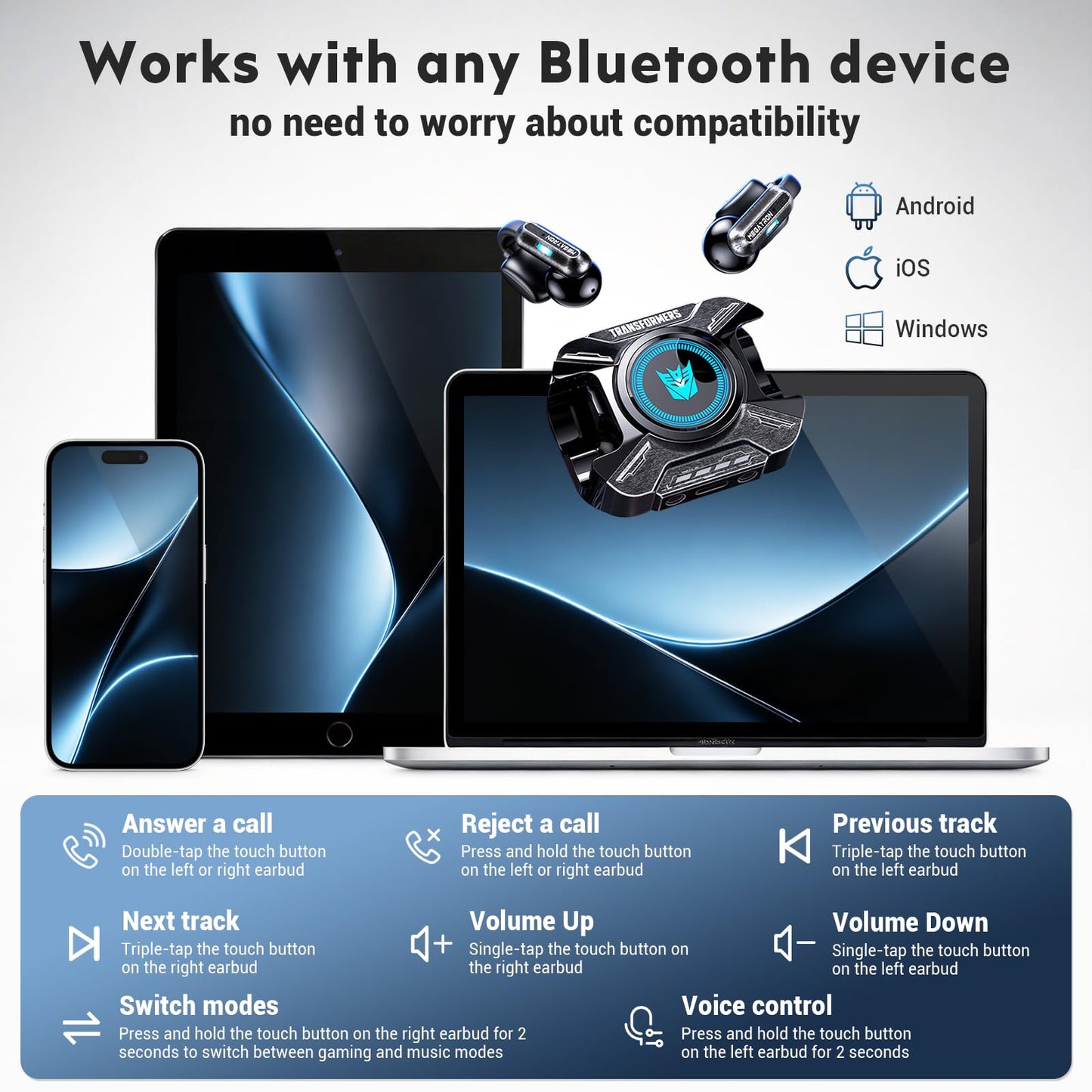 Transformers Clip-On Earbuds, Open Ear Headphones Wireless Bluetooth (Megatron Black)