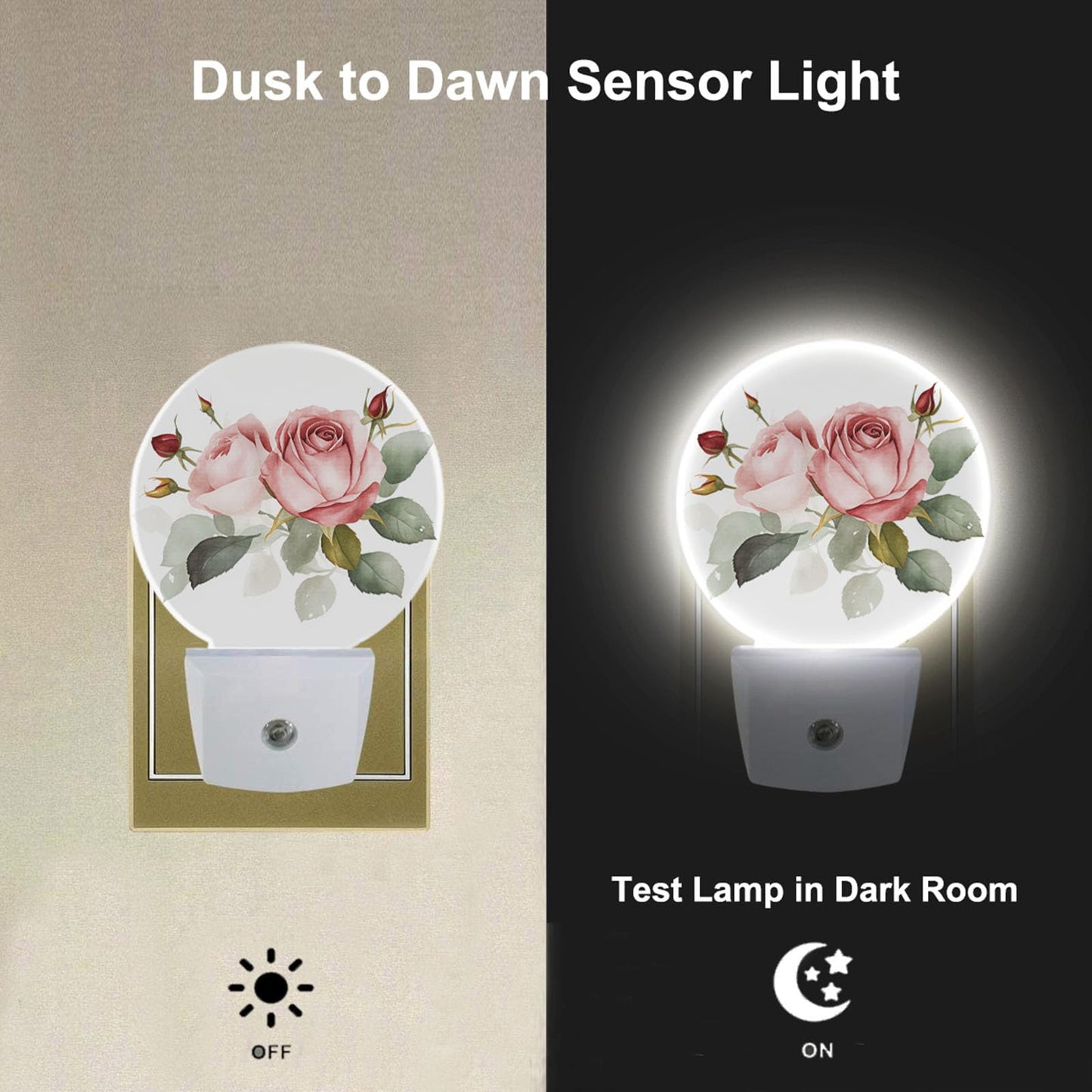 Uanvaha Retro Rose Night Light Floral Blossom Pink Rose with Green Leaf Flower Bouquet LED Dusk to Dawn Plug-in Nightlight Auto Sensor for Bedroom