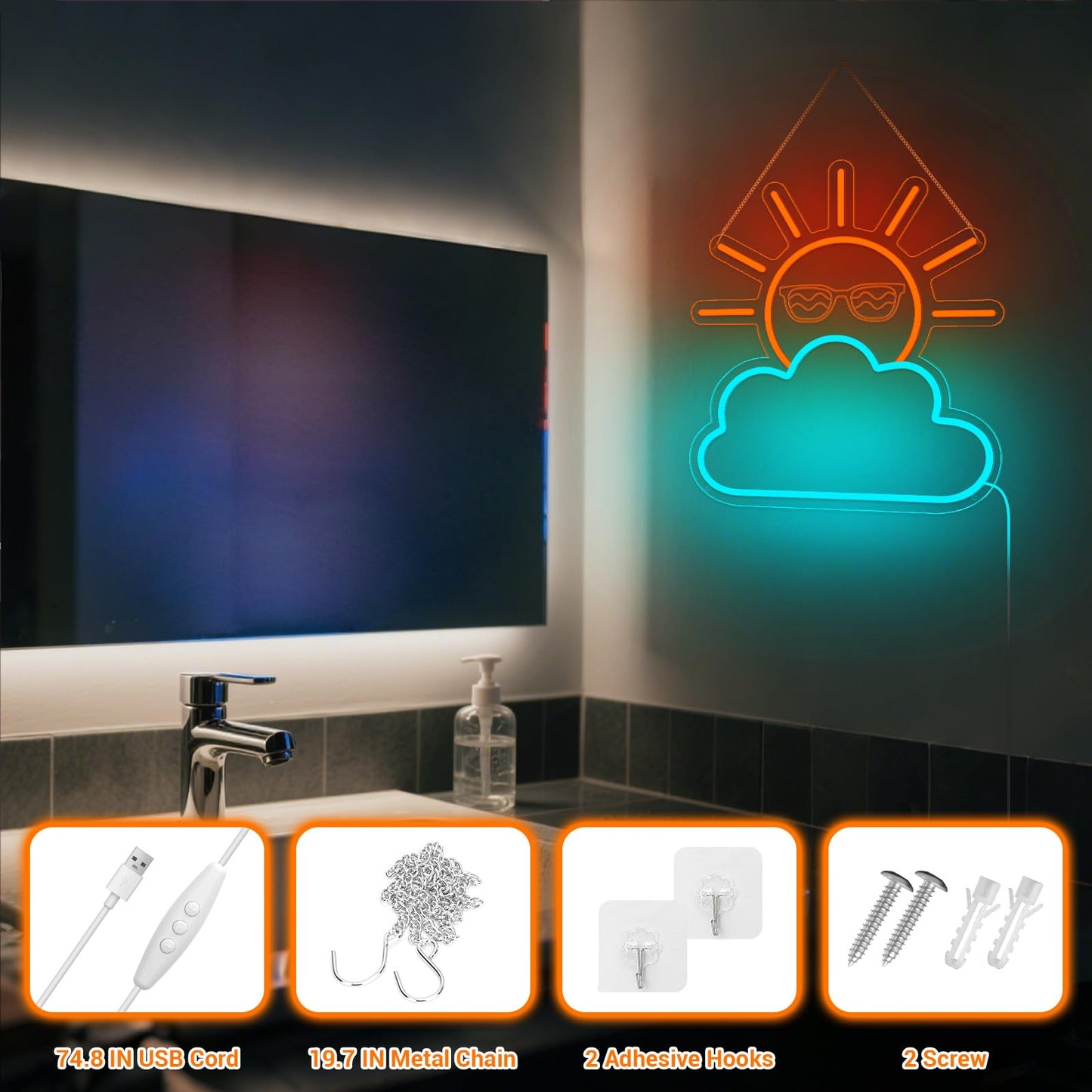Sunrise Sunset Neon Sign, Sun Blue Cloud Neon Signs for Bedroom Wall Decor, USB Powered Sunset LED Light for Man Cave, Party, Living Room(Orange Sun)