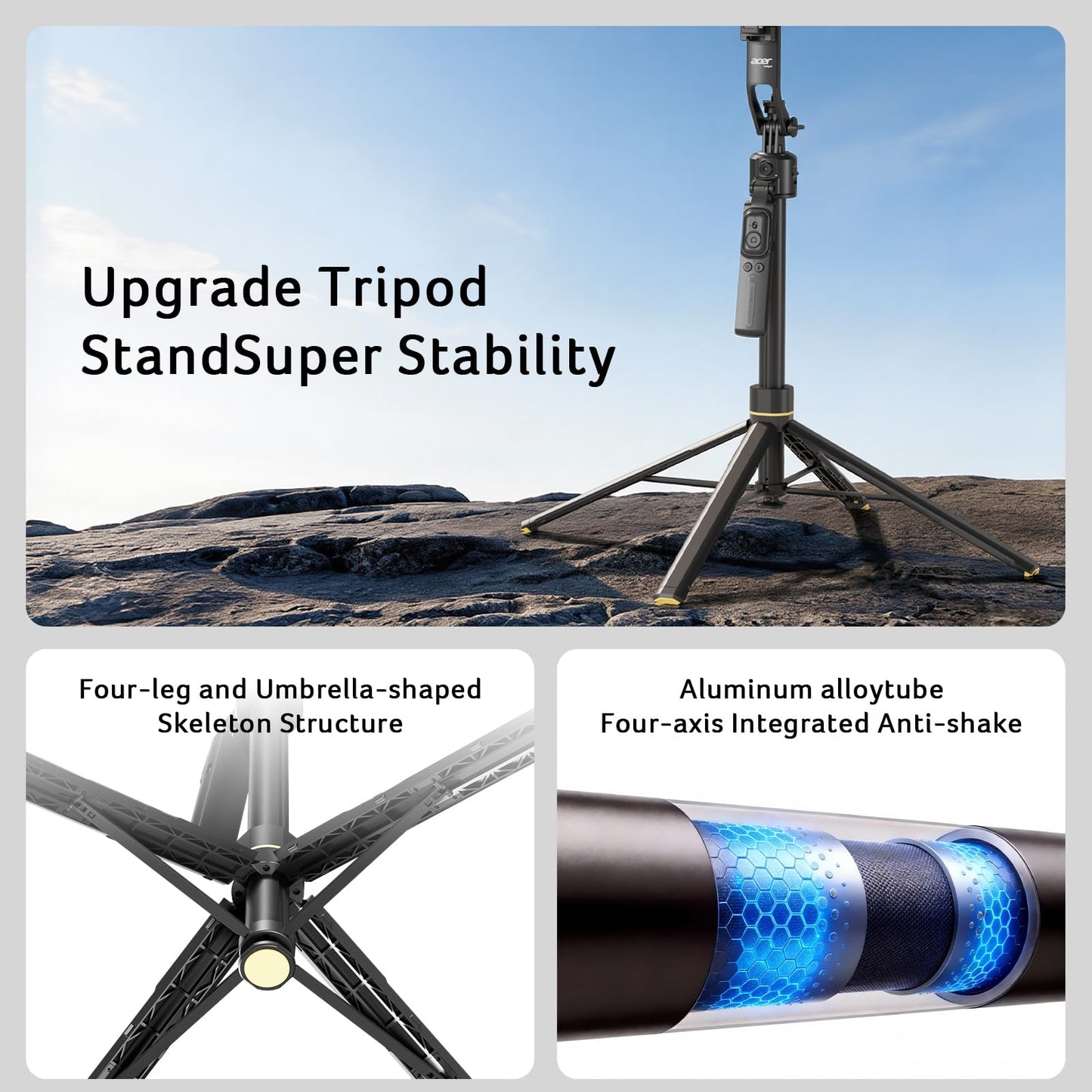 Acer Gadget Auto Face Tracking Tripod for iPhone - Magnetic Phone Mount Gesture Control Detachable Mini Ring Light 64" 360 Degree AI Tracking Phone