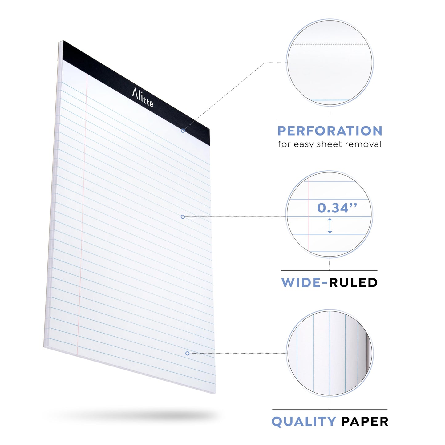 Alitte Legal Notepads 8.5 x 11, Pack of 3 - Perforated Wide Ruled Writing Pad - Premium Thick Paper, No Ink Bleeding - Blank Legal Pads For Home