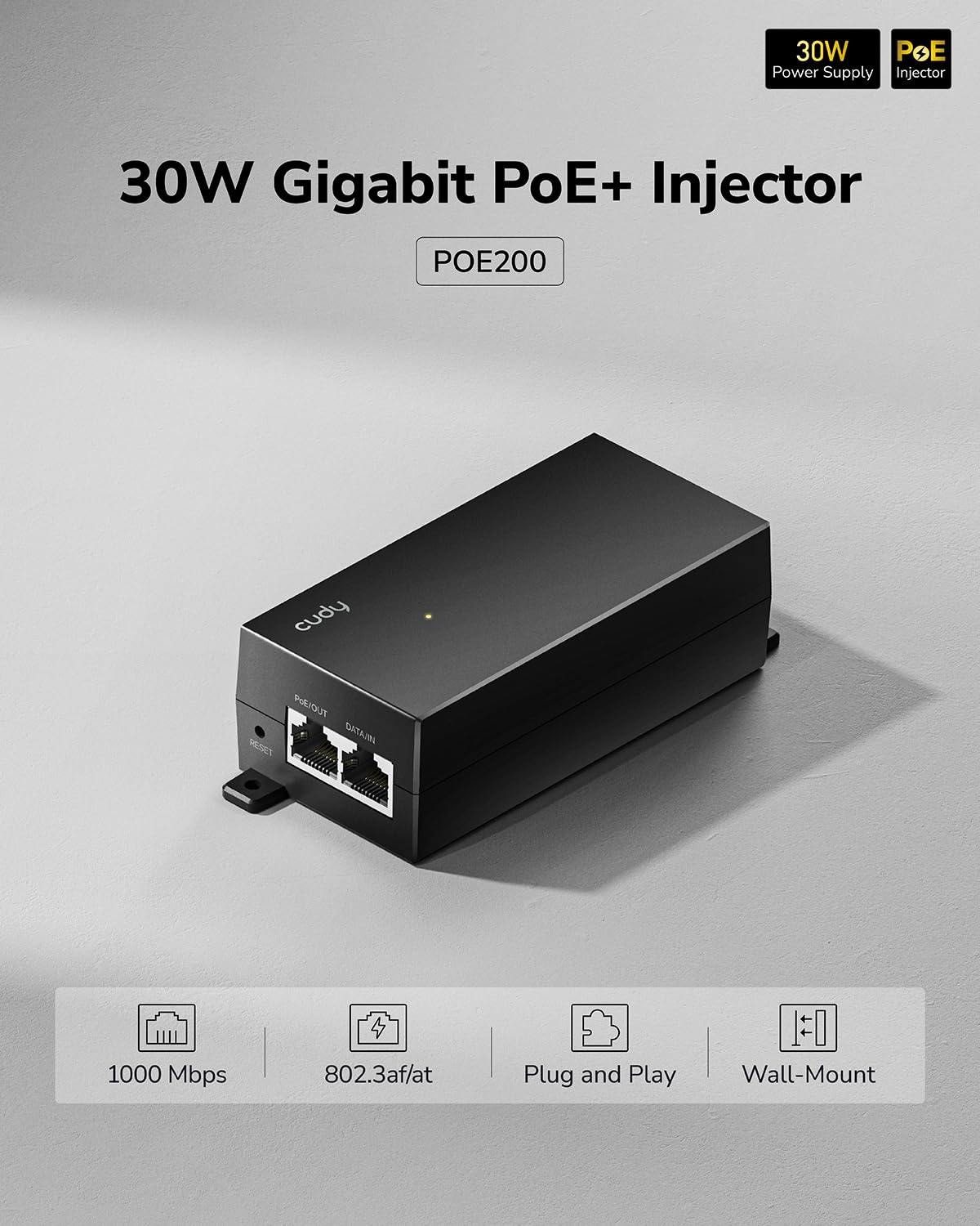 Cudy New 30W Gigabit PoE Injector Adapter, 30W,10/100/1000Mbps RJ-45, IEEE 802.3af / 802.3at Compliant, up to 100 Meters (325 Feet), PoE200